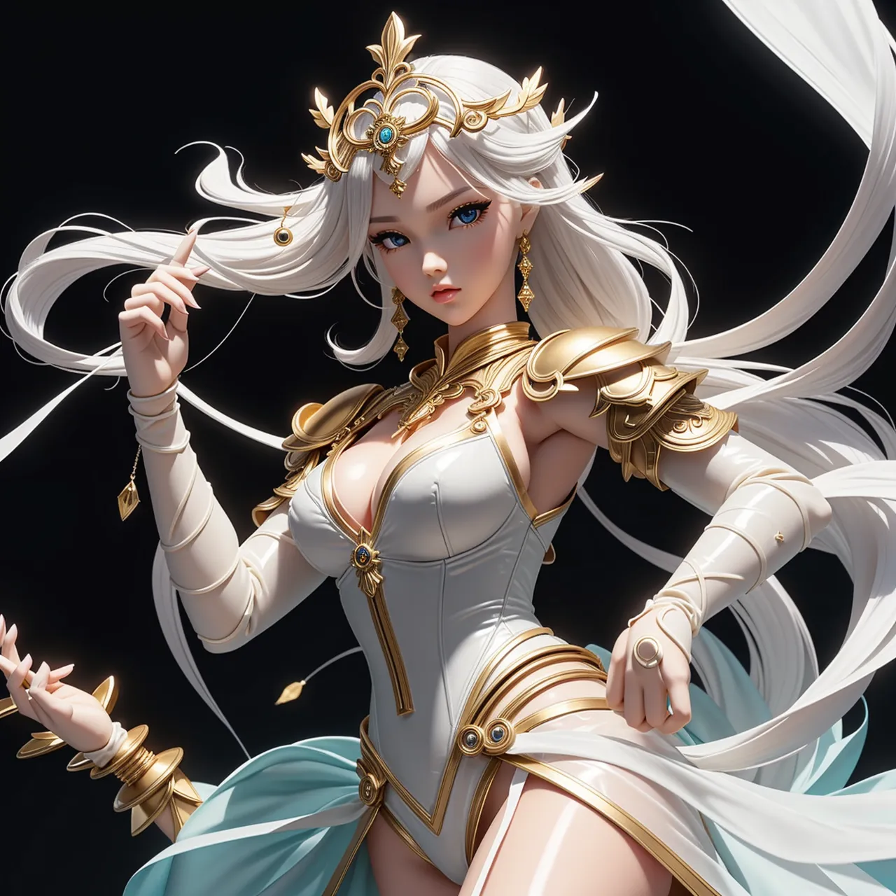 White long hair, red eyes, dark skin, big breasts, gold headdress, gold necklace, gold jewelry, white evening dress, cleavage, sandals, white rose, desert river basin