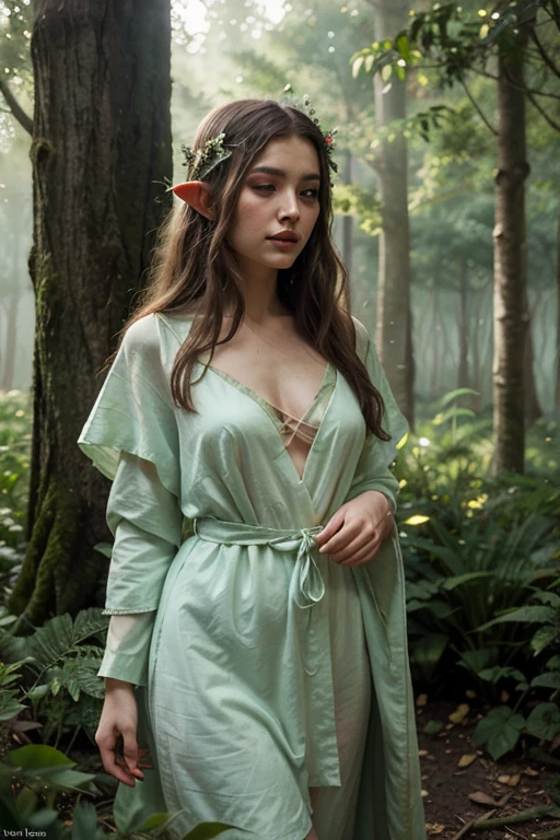 Create the image of a beautiful elf in an enchanting forest environment. She should have a delicate side, Beautiful looks, pointed ears and long, elegant hair. She should dress elegantly, Lightweight clothing in harmony with nature, For example, clothing made from leaves or flowers. She may have accessories like a bow and arrow or a magic wand. The image should exude an aura of mystery and beauty..,