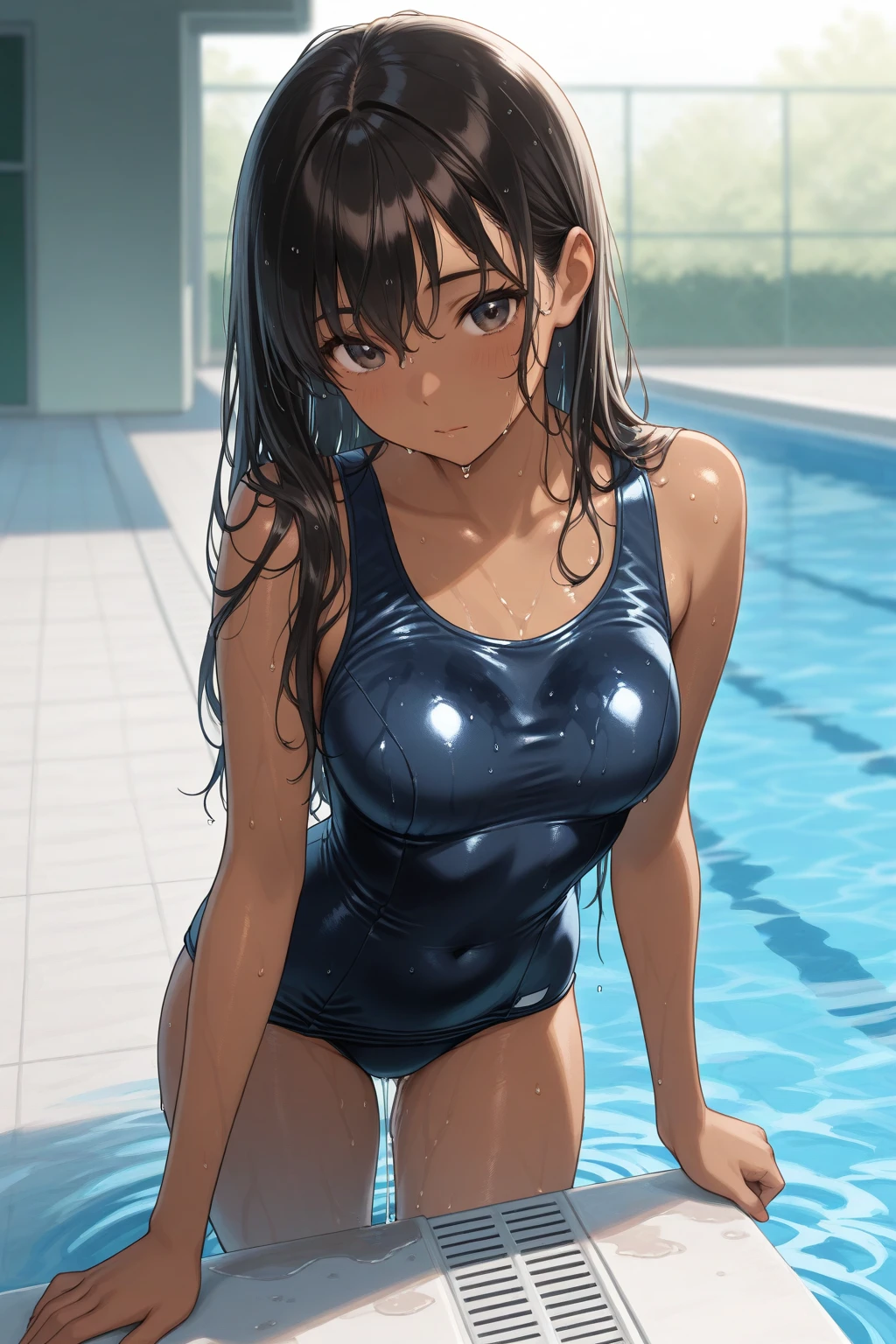 (masutepiece:1.2), (Best Quality:1.1), (hyper detailed illustration),(beautiful artwork), Teenager girl,(School swim wear), 1girl, (School Swimsuit:1.3), onepiece swimsuit, Outdoors, Long hair, Wet, Covered navel, Water, Black hair, (Big smile), Brown eyes, day, Small bust, Bangs, (Wet:1.1),(Water splash:1.1),Facing,(straggling hair),Ponytail,The swimsuit is wet,(Lens Flare),(Tsurime),(Sweat),(Bokeh:1.2),(brown eyes),cowboy shot,(evil smile),(NAVY BLUE school-swimsuit:1.3),sandy beach,contrapposto,arched body,