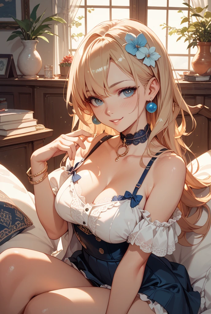 最high quality、Best image quality、masterpiece、With a girl((cute、16 years old、Best Bust、Medium Bust、Beautiful Blue Eyes、Spread your chest wide,Blonde、Slender、The best valley、Blue Tank Top、Blue trousers,Show the whole body、Blue Mesh,swim,smile)）high quality、Beautiful art、background((summertime、large room、cooler、Fan、See-through curtains、White bed、A large number of books)),Tabletop、Exquisite design、Visual Arts、Depth of written boundary、Best lighting、Highest detail、8ｋ
