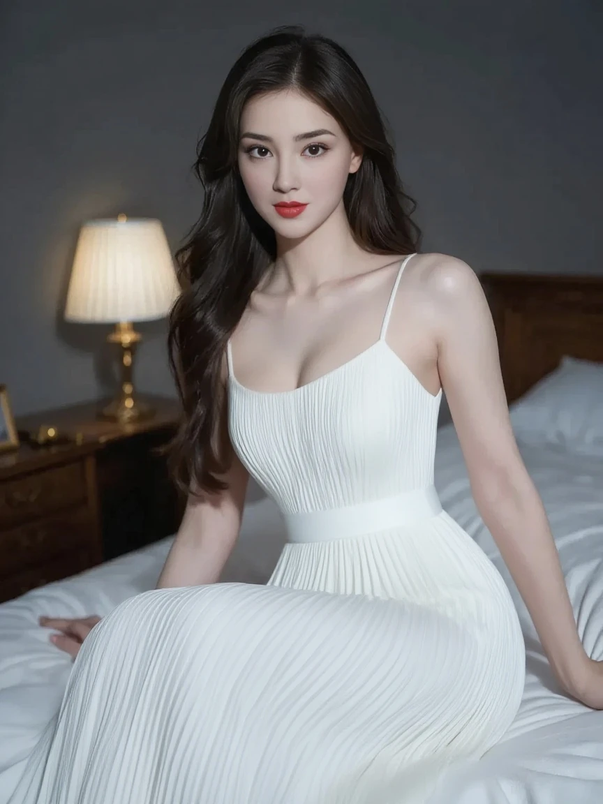 Beautiful 25 year old tall and slender woman。perfect legs. perfect face. She is fashion model. She is staying in the old classic church. She is wearing a wedding dress that a leg is visible. She is illuminated by sunset light. the evening church lights is on . her dark brawn hair. High resolution、masterpiece、highest quality、頭w:1.0、((Hasselblad Photos))、fine skin、(movie lighting)、clavicle . full body picture.