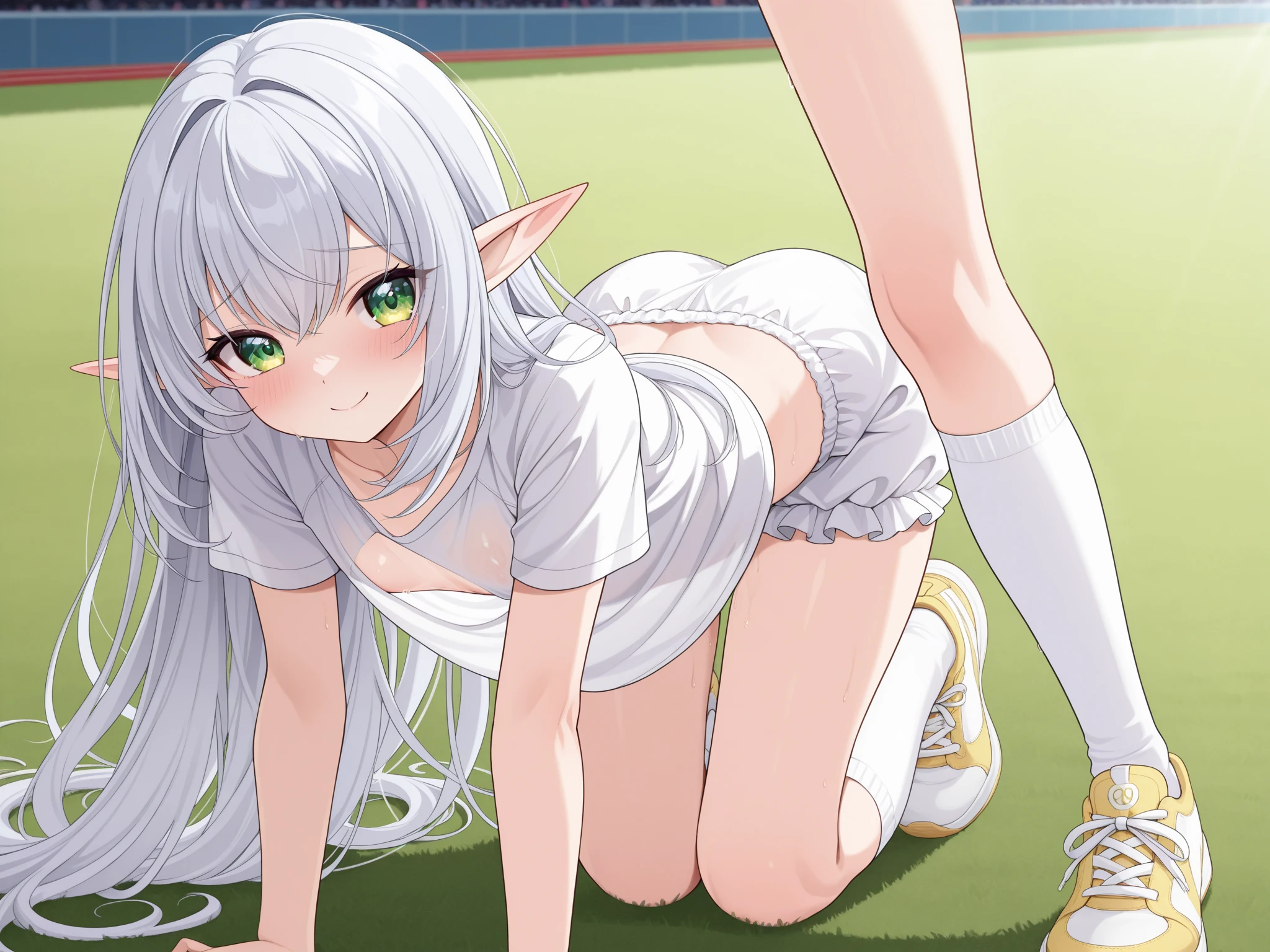 (busty girl), solo, (unexpected expression)(mouth open, (white jacket), (short pink t-shirt), narrow(white thong)(high-leg)(high-cut), (nipples under shirt), narrow constricted waist, (exposed belly)(belly button), Small hips, bare hips, (partially exposed)vulva(labia), (blond hair)buns(twintails), White ribbon, Dark Eyes, blue eyes, sunny metropolis, clitoris(crotch wedge)cameltoe