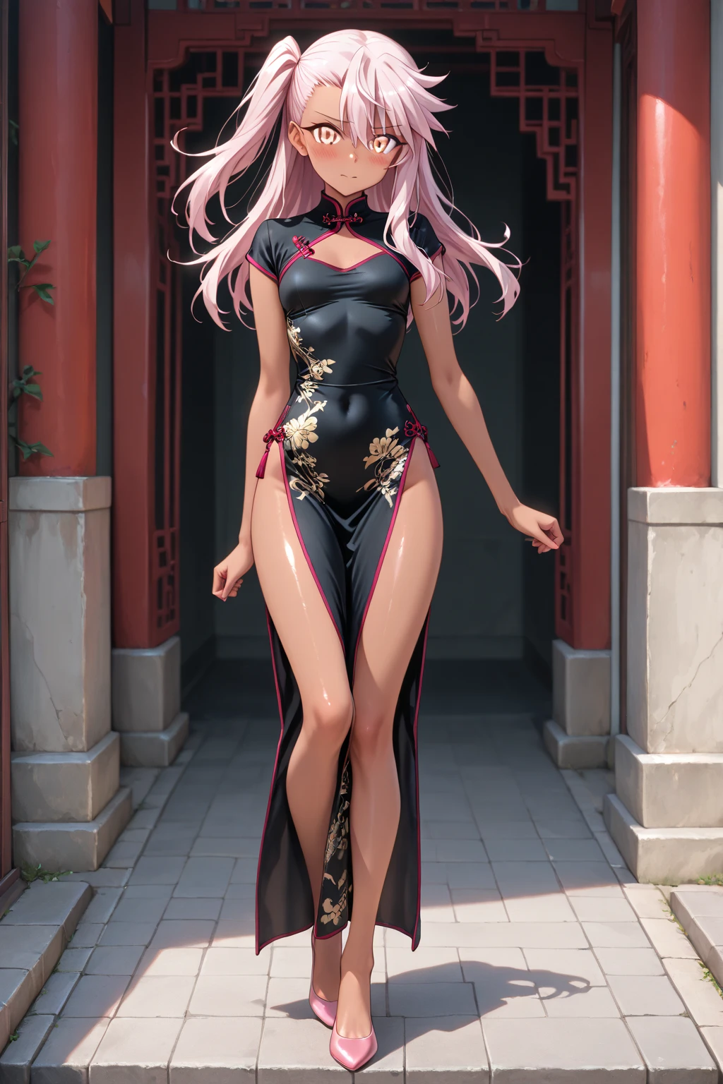 Large breasts, Blue hair, upper legs, white thighhighs, Pink clothes, Long legs, No bra, High heel, Pink eyes, Heart eyes, heart shaped breasts, Bare_hindquarters, bangs, areola of breast, Elbow gloves, Chinese dress, Fat ass, hair tying, wears_navel, Looking_at_peeping at the viewer, Arms_Behind_Head, Blush, Sleeveless_dress, Long hair, cosplay,Fantastic，The back of the hand is behind the back，Hands up behind your head，Broad lighting，Glossy Clothes,Chinese-style architecture，China-style，gazebo，Lace，Quaint，Tight cheongsam，Flowing cheongsam，Chinese style cheongsam，on cheongsam，Gold ornaments，(Elbow gloves:1.0),Silk gloves， Chinese dress, Fat ass, hair tying, wears_navel, Looking_at_peeping at the viewer, Arms_Behind_Head, Blush, Latex cheongsam, Long hair, cosplay,Fantastic，The back of the hand is behind the back，Hands up behind your head，Broad lighting，Glossy Clothes,Chinese-style architecture，(Tight cheongsam:1.0)，Chinese style cheongsam，on cheongsam，Gold ornaments，Over the sleeves,(on cheongsam:1.0),(Put your hands behind your head:1.0),Facing the viewer,autumnal,Beds,high-heels,(stocklings:1.3),Lace wreath on the legs,bangle,eardrop,choker necklace,jewelery,Ribbons,lace-trim,Heavy makeup,long whitr hair,High ponytail,hair straight,Princess cut,Be red in the face,Seductive smiles，Qi bangs，(Black gloves:1.0)，White stockings，perfect bodies，Green hair，fox ear，Qi bangs，Curvaceous，multicolored hair，between breasts,Arms up,(Open legs:1.0),curvy hip,spread_Legs,Kneeling，Pink cheongsam decoration，Pink clothes， shame，