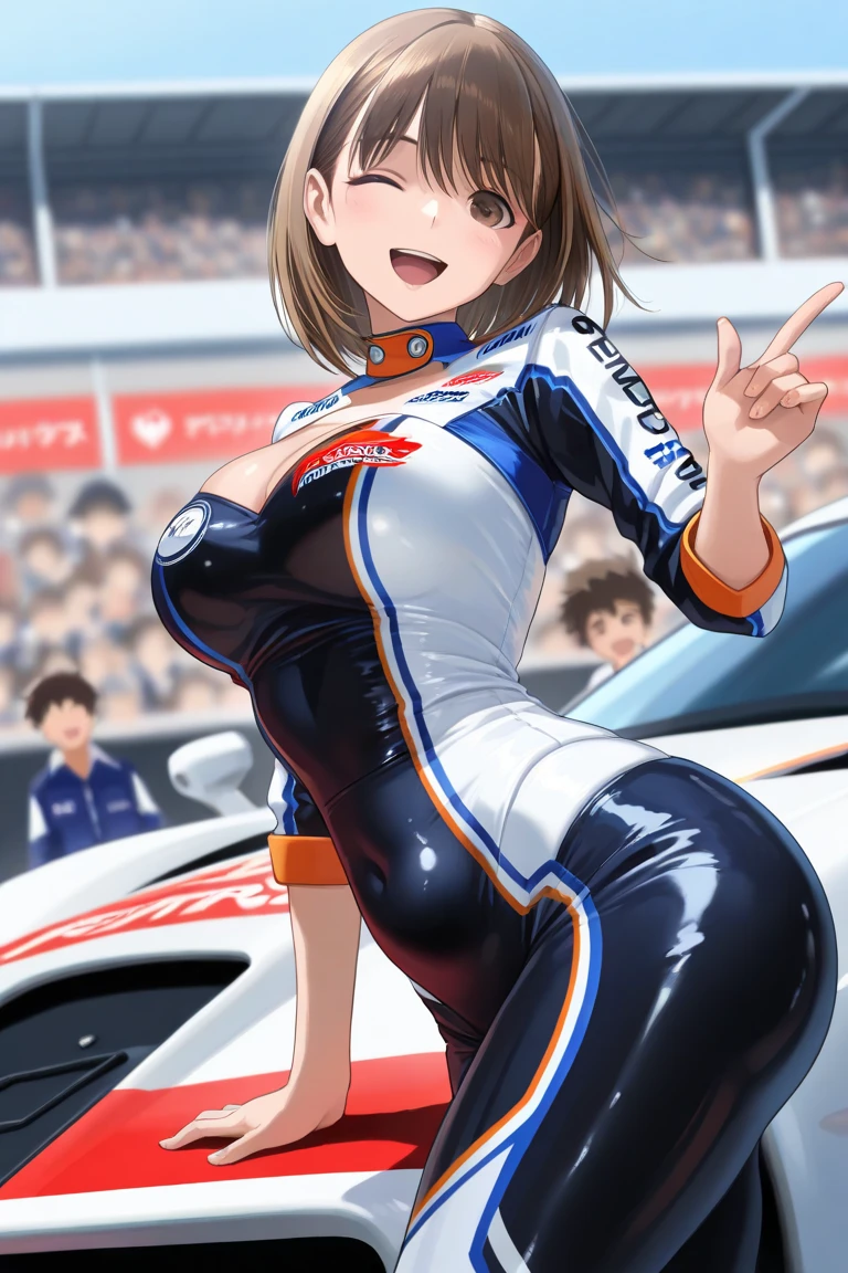 (masterpiece:1.2), (best quality:1.2), (very aesthetic:1.2), (absurdres:1.2), (detailed background),newest,ai-generated, (((solo))), Masterpiece,(share),Open your legs towards the viewer,One cute girl, Highest quality,High resolution,High resolution,Highly detailed CG,8K Unit Wallpaper,25 years old,Beautiful attention to detail,small Breasts,Bobcut,Biomechanical OPPAI,Grid girl posing on the circuit,No sleeve,,(Shiny body:1.3),Open your mouth, blush, Sweat,Embarrassed,sexy,(visible nipples:0.7),(camel toe:0.3),Dark Hair, competition swimsuit,,((sit)),