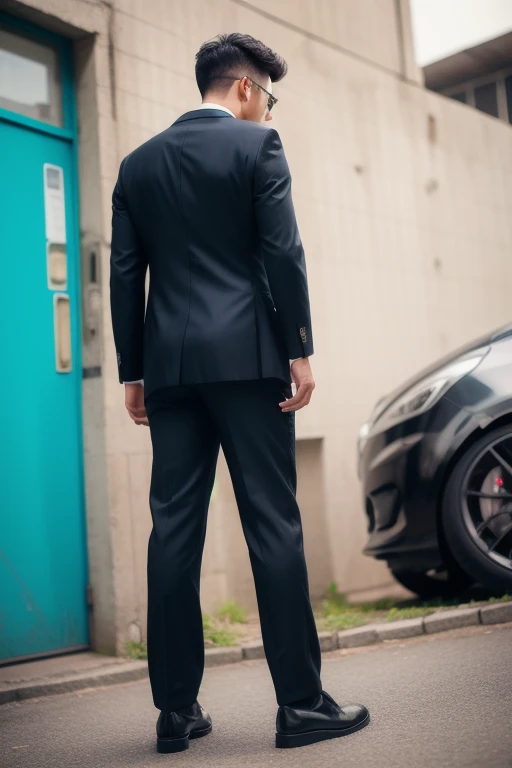 A close up of a man in a suit with his pants unzipped showing off his large penis standing in front of a car