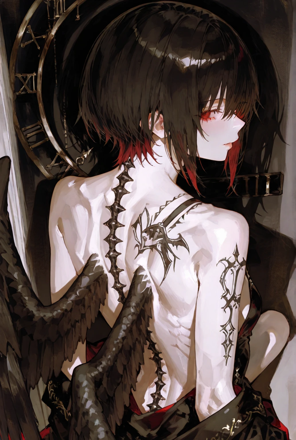 (Best quality, terror, high contrast style), Silhouette of a ragged woman, Black and white drawing, Desperate visual impact, Doom is coming, london end, Bell tower chain, Blood red cloak, whitegloves, Mirror-like reflection, Background at Hogwarts School of Witchcraft and Wizardry, ultra - detailed, posterior view, Close-up shot, Watch from behind,hips close,hori'hori'hori'hori'hori'That's great,gigantic ass,naked ass