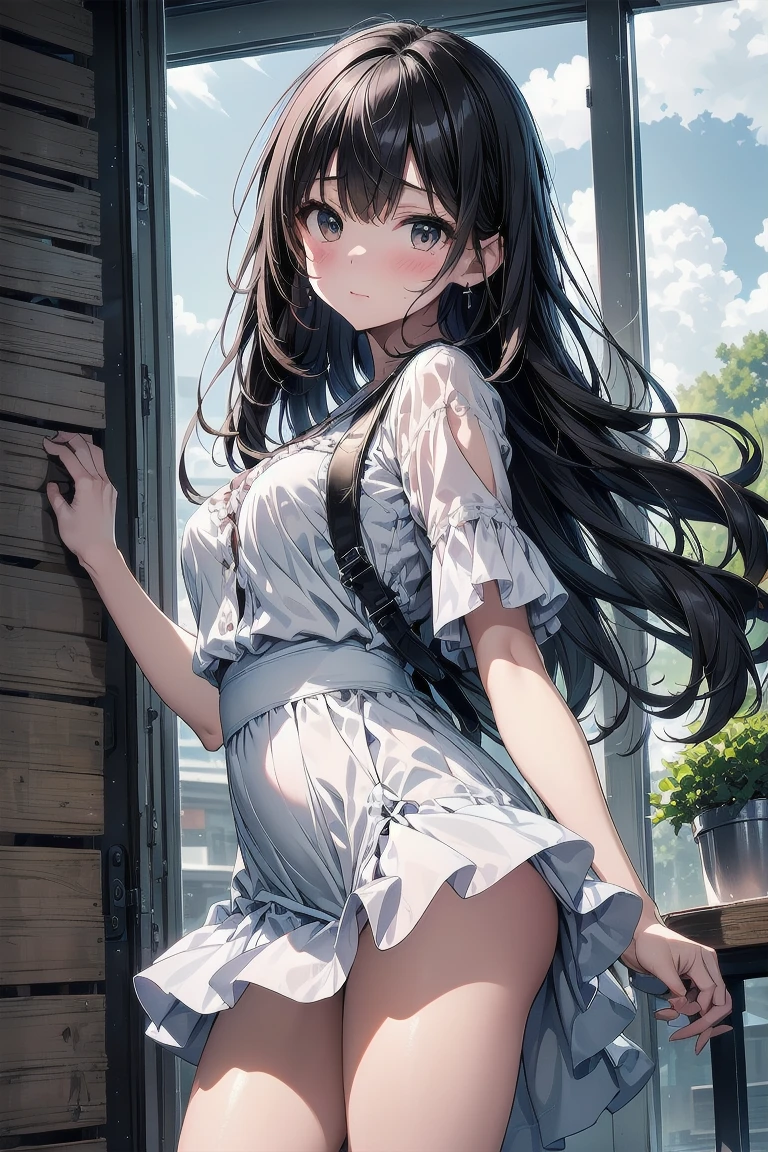 very cute and beautiful girl,frilled white summer dress with detailed lace,(highly detailed beautiful face), (smile),blush,black hair,looking at viewer,cowboy shot,(skirt lift,white panties), beach,wooden floating cottage, (best quality,masterpiece:1.2),absurdres,highres,ultra-detailed,extremely detailed,32k,8k resolution, intricate details,cinematic scene,detailed background,solo,dynamic angle, hair fluttering in the wind,beautiful detailed sky, (realistic),