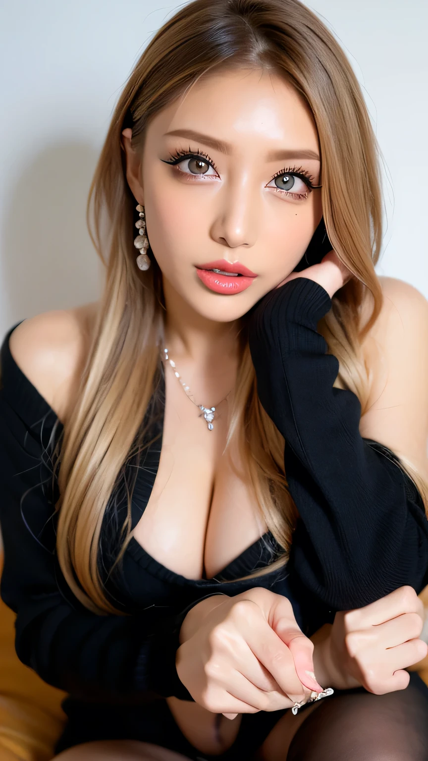 masterpiece, best picture quality, high quality, beautiful girl, Japanese, Japanese school girl, detailed, detailed eyes, detailed skin, beautiful skin, ultra high resolution, (reality: 1.4), very beautiful, slightly younger face, beautiful skin, slender, (ultra realistic), (illustration), (high resolution), (8K), (highly detailed), (best illustration), (beautifully detailed eyes), (super detailed), (wallpaper), (detailed face), looking at viewer, fine details, detailed face, smiling, looking straight ahead, angle from waist up, realistic photo, bright lighting, professional lighting, blonde, long hair, gorgeous red and black dress, mature woman, long stylish bangs, bedroom,