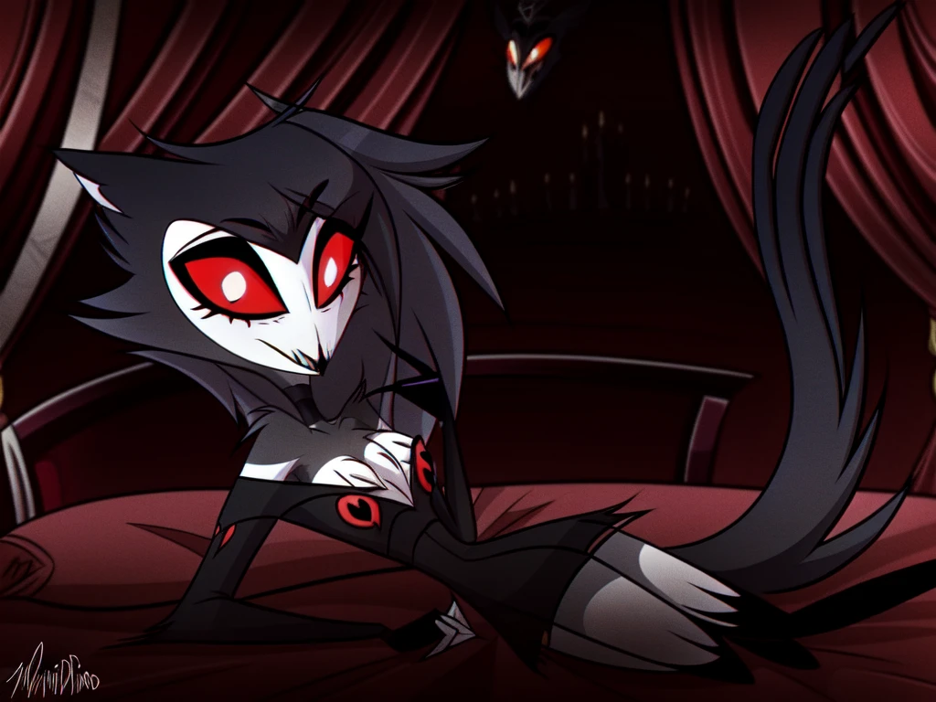 Medium close-up shot, side profile view, (Vivziepop style), faceless demon girl, skinny and slim waist, high bust, wide hips, long limbs. The demon girl is depicted in a seductive pose, hands delicately placed behind her head, showcasing her pointed nipples and slender waist. The background is a detailed, dark dungeon setting, filled with eerie fog and dim candlelight, enhancing the demonic atmosphere. The artwork exudes a mysterious and alluring aura, with a touch of Gothic charm typical of the Vivziepop art style. This ultra-detailed, high-definition piece is trending on ArtStation, created by the
