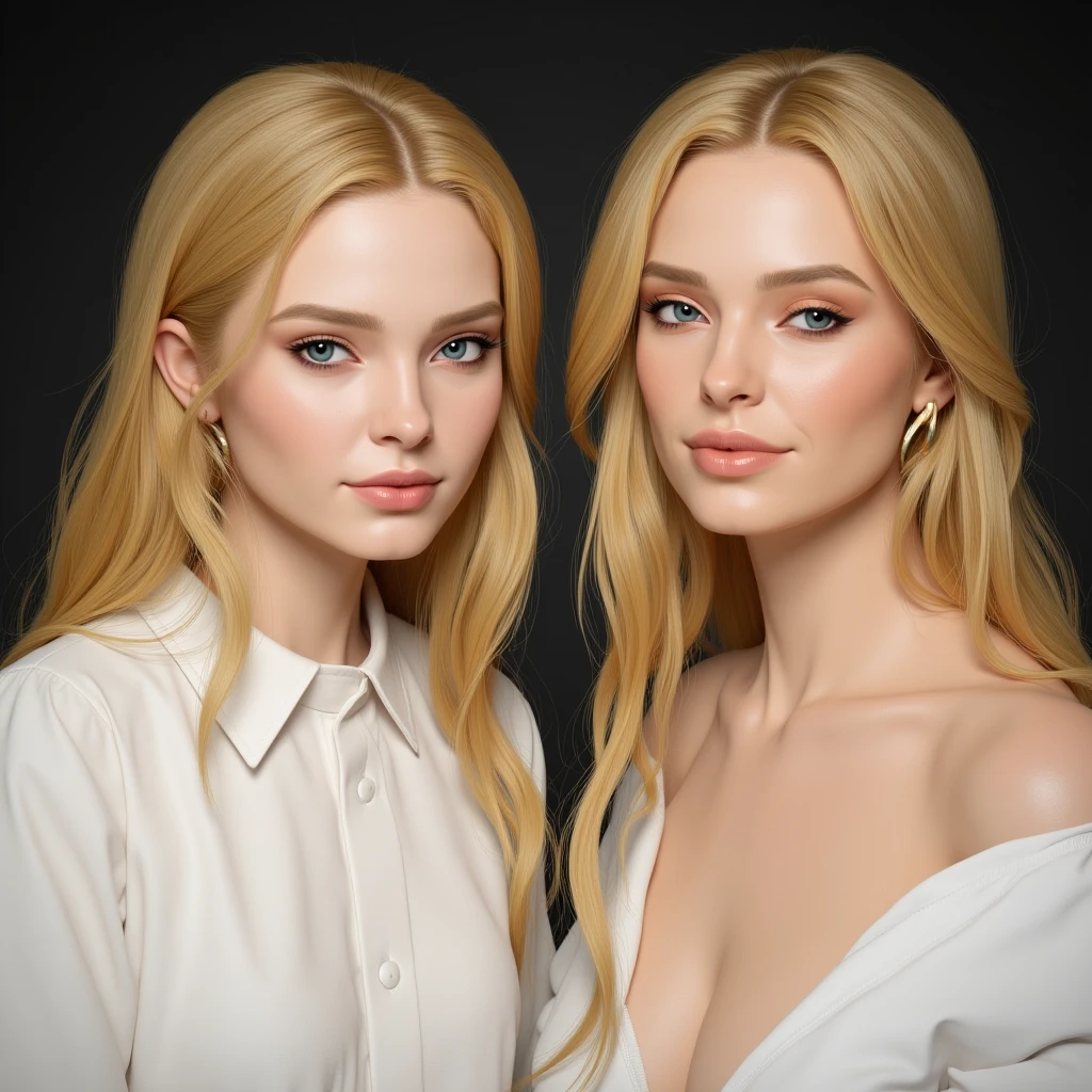 Create a deeply realistic upper body portrait of a woman, ((2heads)), conjoined dicephalus,embracing imperfections in her skin and hair. Zoom in to showcase intricate details. Capture the complexity of her eyes with well-defined irises, conveying depth and emotion. Depict a natural, imperfect texture in her hair, one of them has blonde hair, emphasizing flyaways and individual strands. They are wearing shirt, which is keeping them close. They are side-eyeing each other, facing away from each other.Pay careful attention to the interplay of light and shadow, adding a three-dimensional quality to the portrait. This upper body composition should evoke a sense of genuine beauty in imperfection, striking a balance between realism and artistry,25 years old