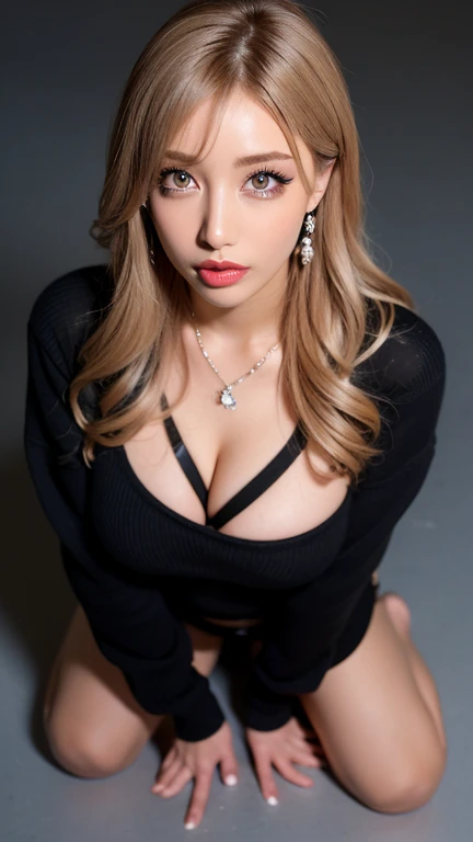 (((No NSFW))), masterpiece, atmospheric, high resolution, best quality, ultra-detailed, hyper detailed, hyper realistic, facing the camera head on, intricately detailed hyperdetailed, realistic, sharp features, highly detailed, sharp focus, perfect face, perfect symmetrically perfect eyes, big blue Eyes, perfect full lips, red thin lips, flexible female form, cinematic, film light, vibrant, dynamic studio lighting, shadow not dark, high key, ((Dark background)), Sexy face, Facial expressions when receiving pleasure, straight Bangs, pure white hair, Big round and bouncy breasts, Exposed cleavage, Small and wasp waist, Wide hips, Plump thighs, black sweater that is long and has buttons undone, From front, top view, full body cowboy shot of female model reclinning on the floor. IF her areola and nipple are visible, her areolas and nipples are anatomically correct, pink color, seen clearly. Female model wears a black sweater that has buttons undone with open chest and open belly and open crotch, So camera shows her breasts and belly and detailed vulva and detailed crotch and attractive thighs. Her Limbs and bodyparts are anatomically correct, properly attached to her body, appropriate for human body mechanics and structure.