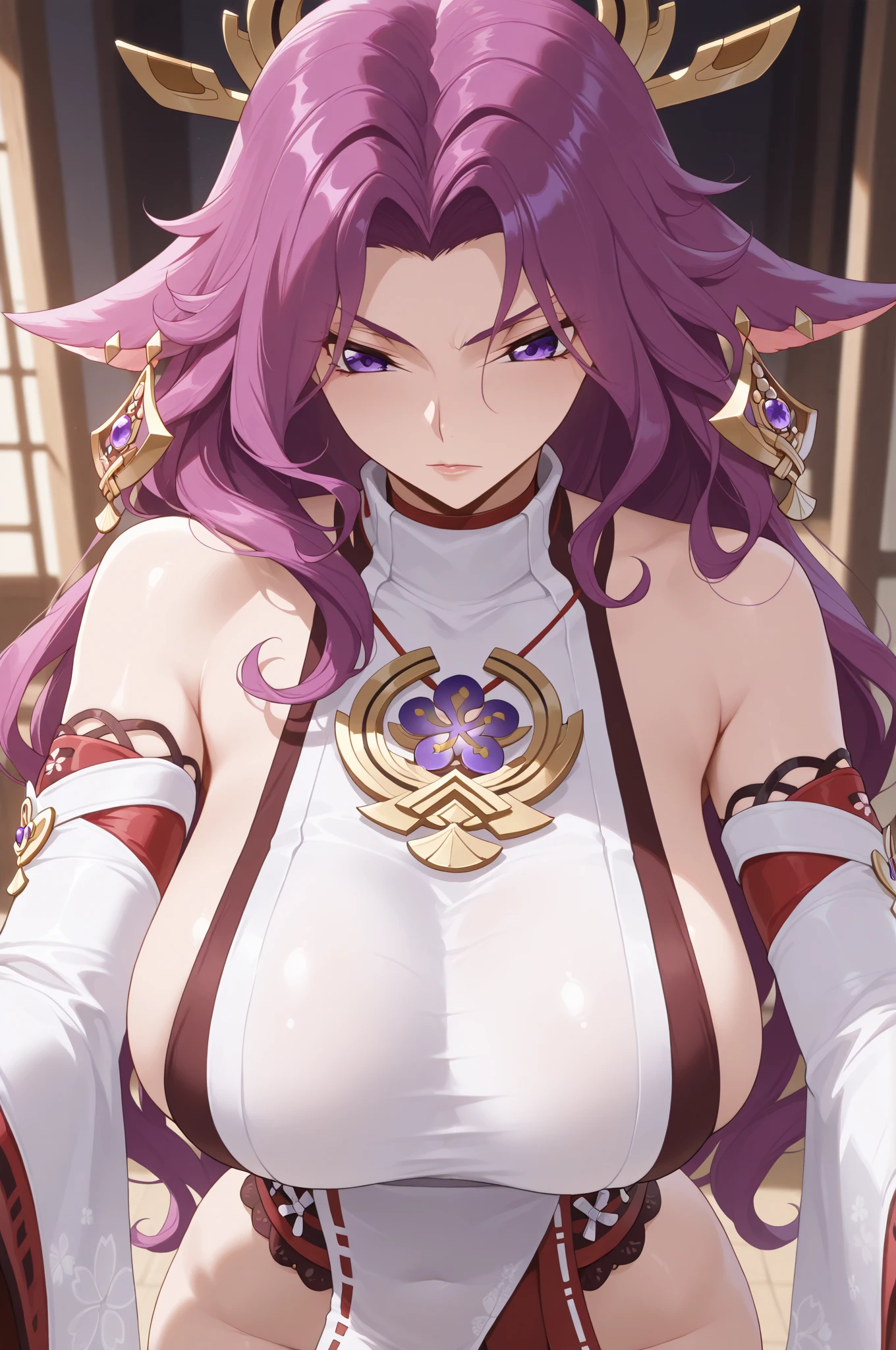 slingshot bikini, mini crown, bare belly, big breasts, purple hair, red eyes, goddess of entertainment 