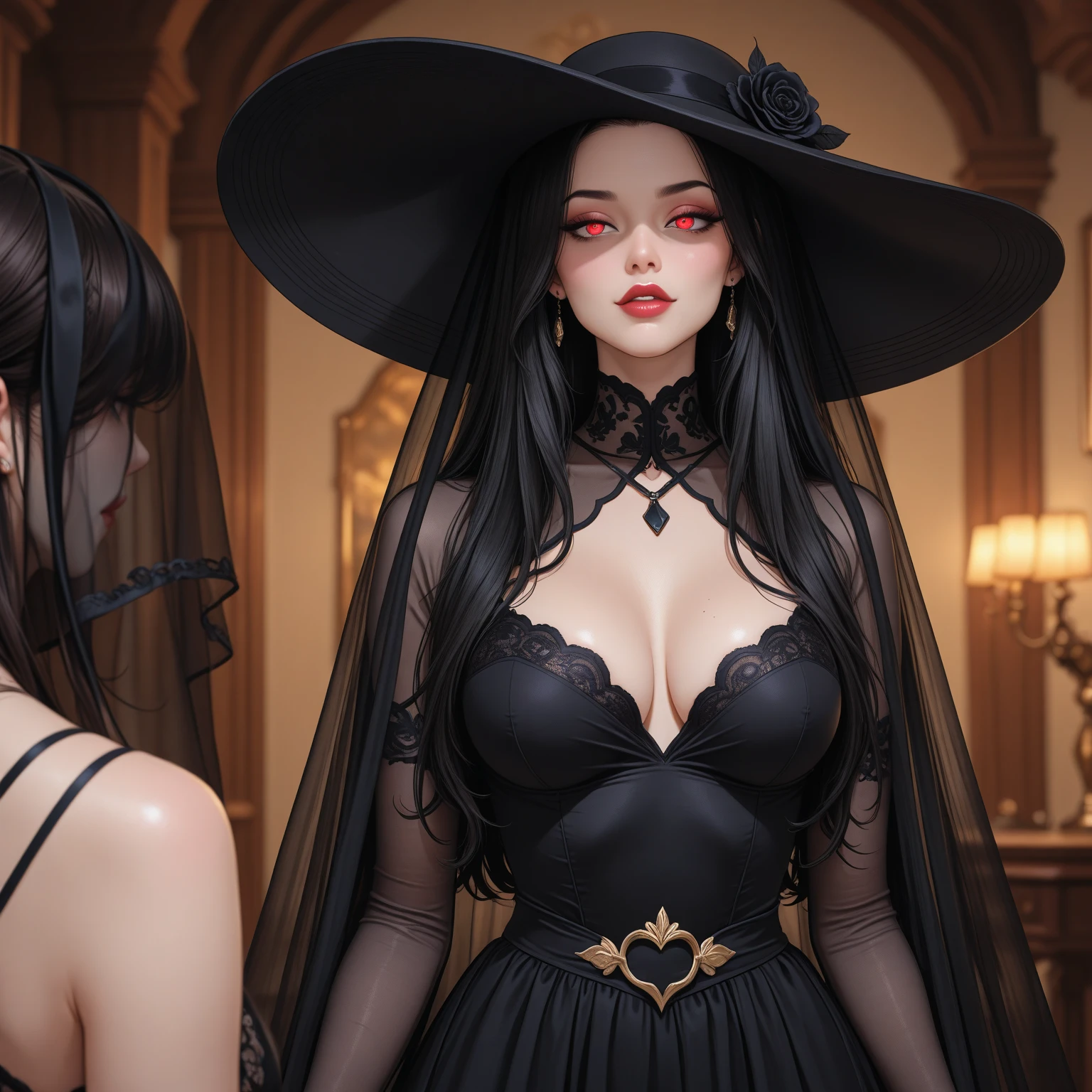 long-haired girl，Wearing a long black lace dress，head uncovered, Shoulders exposed,  grin smile，(((((unholy)))))，red color eyeystical ambiance)))，(((Dark style)))