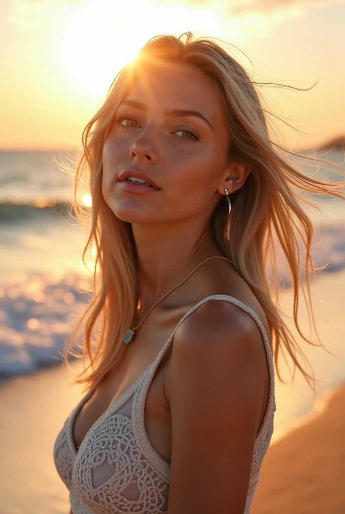 a sexy woman sunbathing on the beach,1girl,detailed face,beautiful detailed eyes,beautiful detailed lips,extremely detailed skin,tanned skin,bikini swimsuit,laying on beach towel,beach scene,ocean waves in background,golden sunset light,warm color tones,high quality,8k,realistic,photorealistic,HDR,cinematic lighting,professional photography