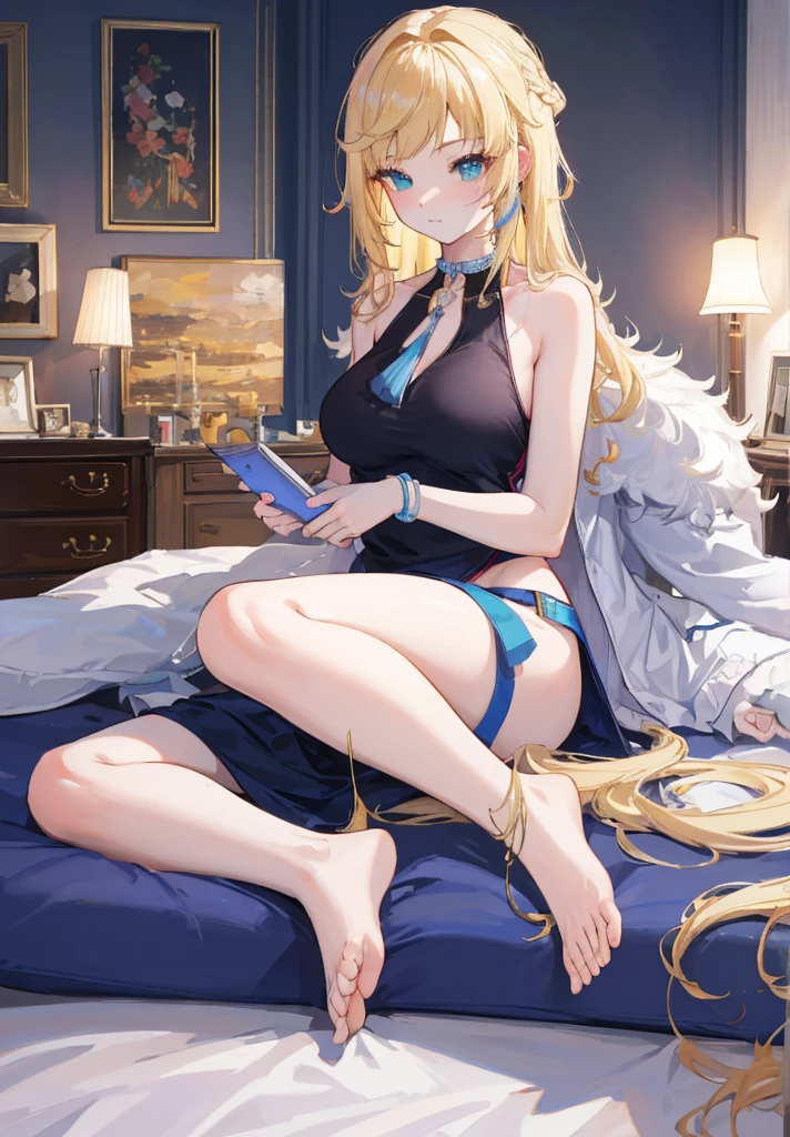 masterpiece, best quality, full body, barefoot, solo, female, big breast, ultra high res, photo, 4k, (photorealistic), absurdres, ((Reclined on pillow on bed))(( Alice, from disney alice in wonderland animated movie serieeautiful face)) ((long straight blonde hair)) ((very huge breasts)) (perfect slim body) ((wears blue tiny string transparent lingerie, garterbelt)) ((choker, head band)) ((posing on giant bedroom)) (high definition, dynamic lights and shadows) ((masterpiece)) (8k) (perfect face) (best quality) (perfect hands)