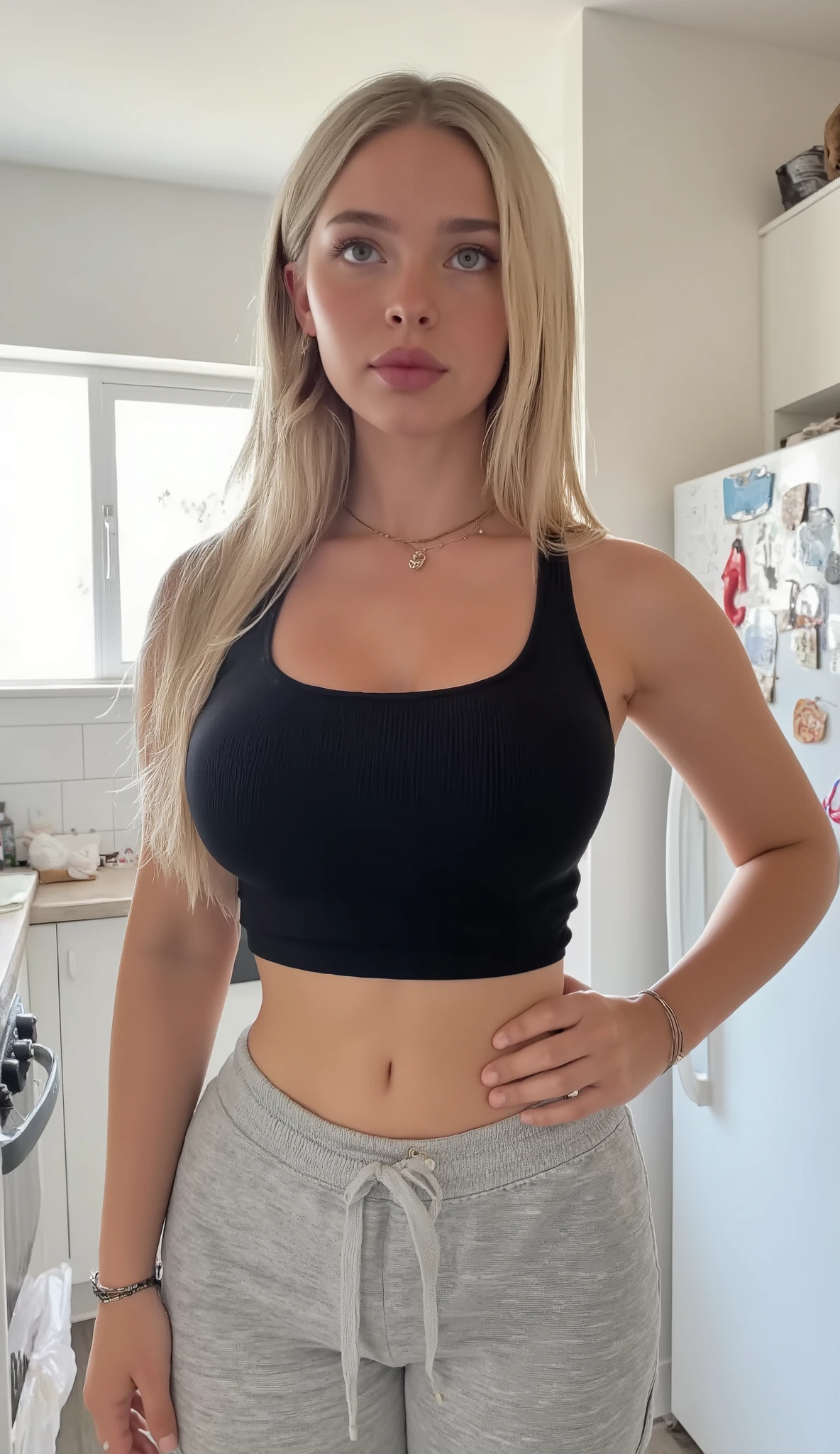 Body:
A young woman with a slim physique, big breast, standing confidently indoors. Her waist is extremely narrow, creating a dramatic hourglass shape. She has both hands resting on her hips, elbows slightly angled outwards. Her skin is fair, smooth, and evenly lit, showing natural, healthy texture.
Face:
Her face is youthful with soft, symmetrical features. She has light skin, light pink lips, and a faint natural smile. Her long, straight, blonde hair falls past her shoulders, parted in the middle, framing her face evenly. vivid blue eyes. She is wearing subtle makeup, enhancing her natural beauty.
Outfit:
She is dressed in a tight, sleeveless black crop top that highlights her upper body. On her lower half, she wears light gray sweatpants with a drawstring, slightly lowered to reveal a silver belly button piercing shaped like a heart with a crystal detail. She accessorizes with multiple silver bracelets, rings, and a gold necklace with a heart-shaped pendant.
Background:
The setting is a modern kitchen with white walls and bright natural lighting. Behind her is a refrigerator decorated with colorful magnets. Some kitchen counters and a window can be seen, adding a realistic domestic environment. The scene appears casual and spontaneous.
Style:
Highly realistic with a casual, candid feel. Focus on authentic textures like fabric wrinkles, hair strands, skin lighting, and jewelry shine. No stylized effects or exaggerated features.
Lighting:
Bright natural daylight from a nearby window, creating soft shadows and clear illumination across the figure. Light reflects gently off her hair and jewelry, adding sparkle and dimension.
Realism:
Photo-level realism with detailed anatomy, facial features, clothing texture, and indoor environment. Must resemble a real-life snapshot with no signs of CGI or artistic brushwork.