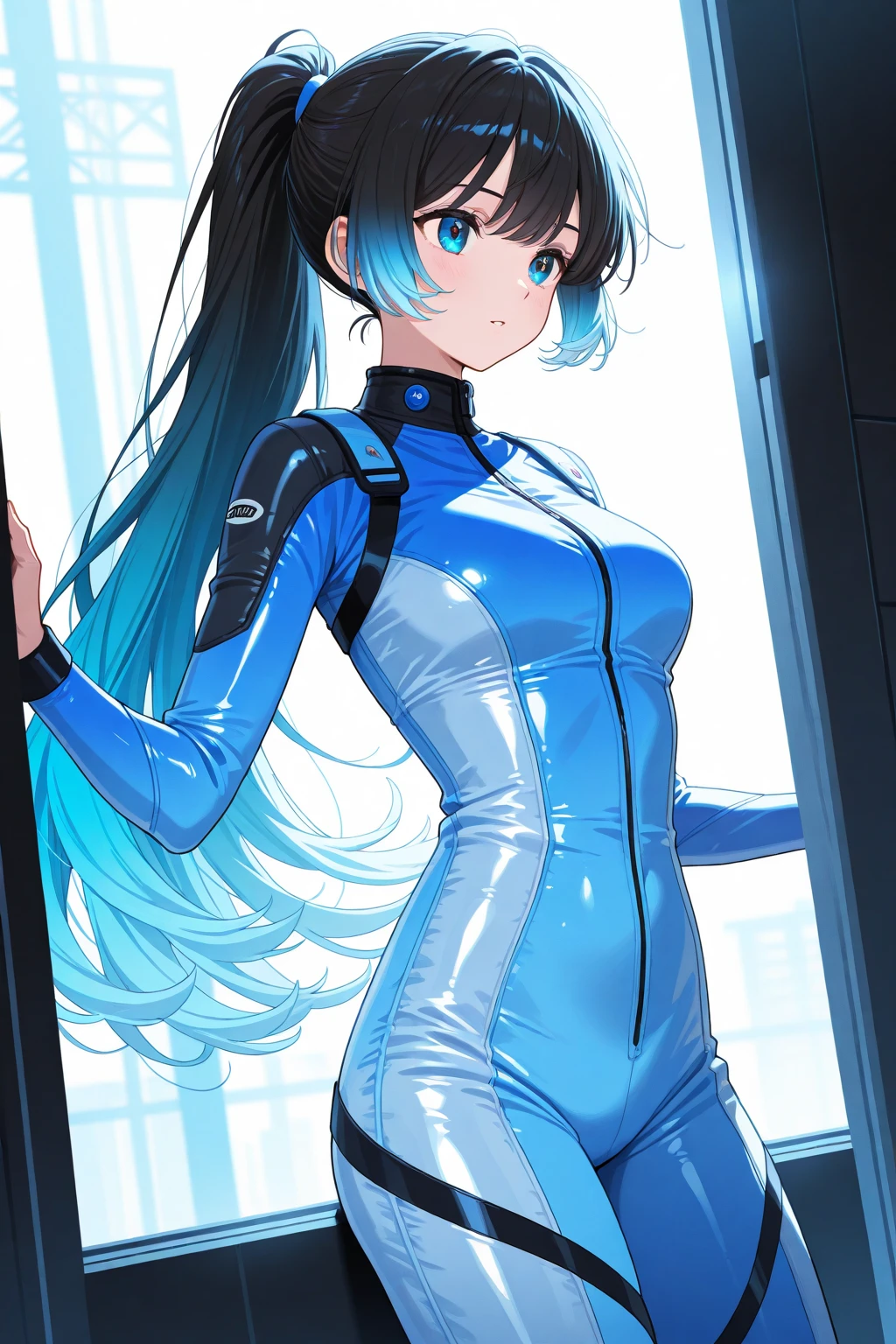 score_9, score_8_up, score_7_up, score_6_up,score_5_up,score_4_up, BREAK ,big breasts, 1girl, solo, score_9, score_8_up, score_7_up, BREAK source_anime, 1girl, solo, britney \(totally spies\), long hair, blue hair, purple eyes, blue bodysuit, belt, full-face blush, wariza, fitting room