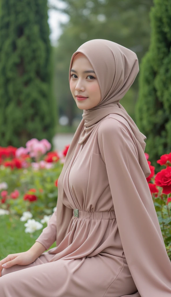 1 malay girl , modern plain hijab,  shy, medium portrait shot , watery  eyes , RAW, Best quality, high resolution, Masterpiece: 1.3), Beautiful Malay woman in hijab, Masterpiece, Perfect slim body, ((Big breasts)), Beautiful big eyes, Soft smile, (wearing baju kurung), smiling, windy, skin details, skin texture details, wide hips, thick thighs, sexy body, morning time, laughing, happy, bright sunlight, flower garden path, blurred background, bokeh, (((there's a guy standing at the doorway))), (((he's groping her ass))), his hand is on her ass, (((he is grabbing her ass))), he's looking at viewer with a nervous look