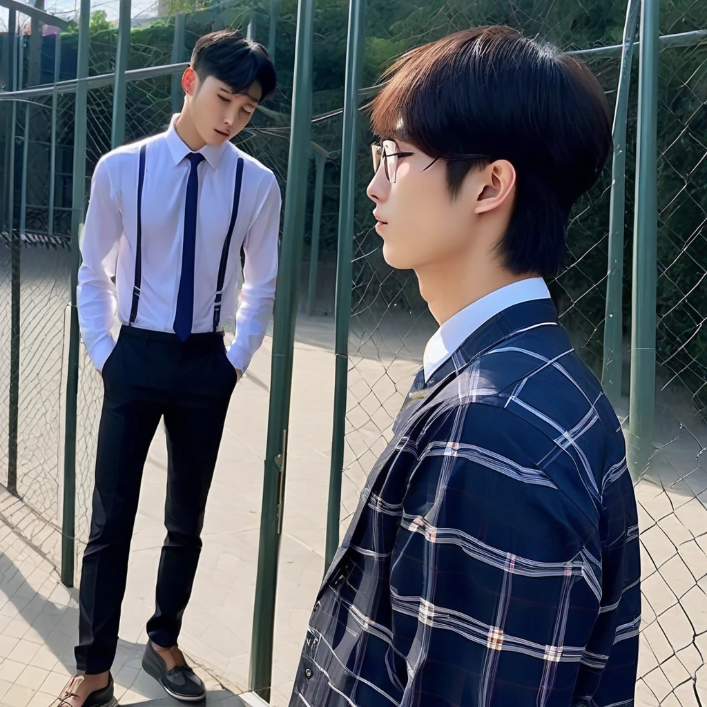 Teacher Seduces 25-Year-Old Korean Male Not Wearing A Shirt Kissing With A Tall Handsome Korean Male Student, Strong Body Not Wearing A Shirt On The School Fence