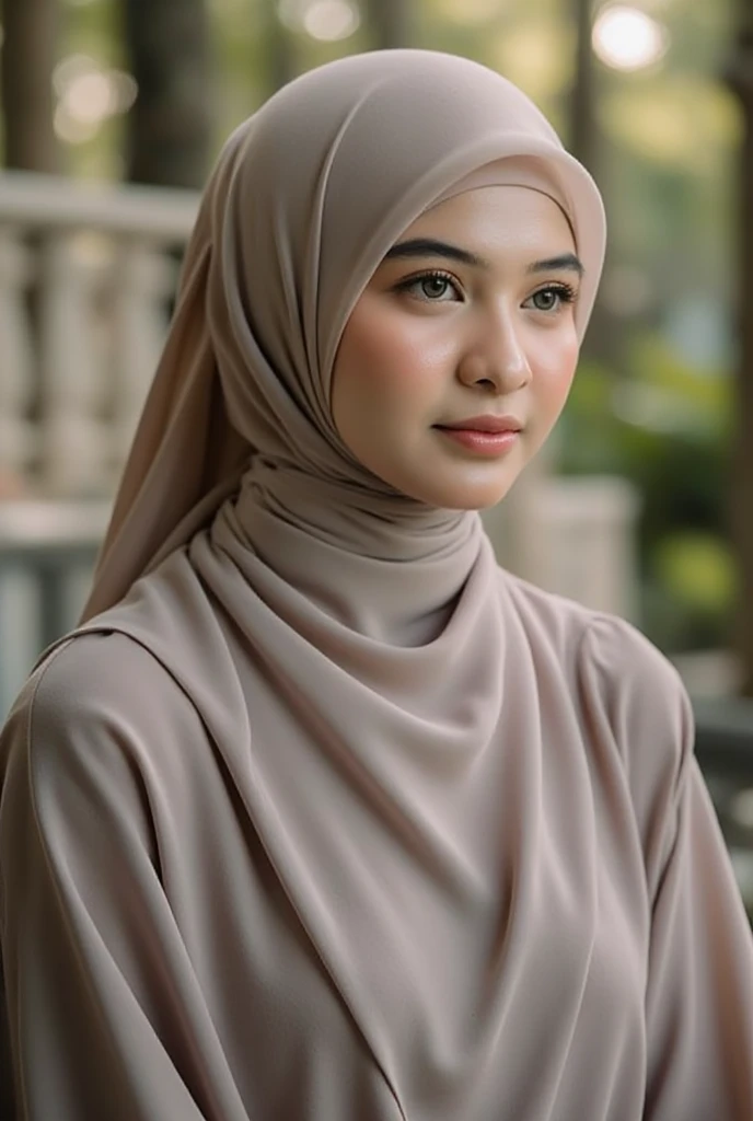 1girl, beautiful young woman, majestic hijab outfit, detailed face, alluring eyes, full lips, outdoor setting, selfie, soft lighting, warm colors, best quality, 4k, 8k, highres, masterpiece, ultra-detailed, realistic, photorealistic, photo-realistic, cinematic, beautiful detailed eyes, beautiful detailed lips, extremely detailed face and eyes, long eyelashes, intricate clothing textures, elegant posing, warm smile, romantic atmosphere