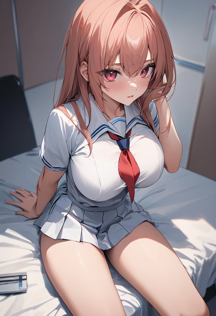 masterpiece,, alone, Yuuki Asuna, ((masterpiece)), High Resolution、(Lie on the desk and spread your legs、)、Sailor suit、、Underboob、mini skirt、vapor