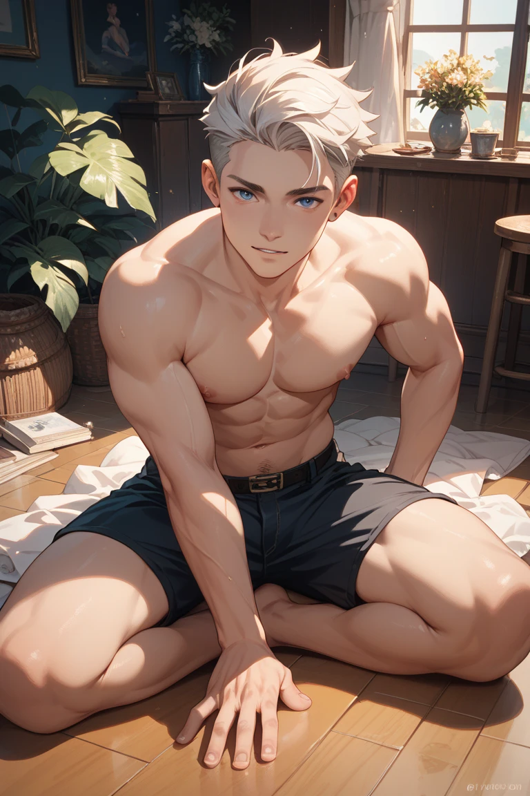 (masterpiece, best quality),1boy,(younge boy,Kid's face,Bad laughs),infancy,teenager face,Bad laughs,Delicate big eyes,opens his eyes wide,Smooth and delicate skin,Short square face,lying on the grass ground,Large ice cubes,Blue-violet aurora,Young age,Blue-white ice cubes,Short round face,Flat chin,Fine face in detail,Teal briefs,Muscular and strong,Short light yellow-green hair,Gradient hair color,复杂,full bodyesbian,nakeness,Teal briefs,Pectoralis abdominal muscles,the night,vivd colour,(depth of fields:1.2),looking at viewert,spread their legs,Arms drooping,snowflower,ice cubes,cold temperature