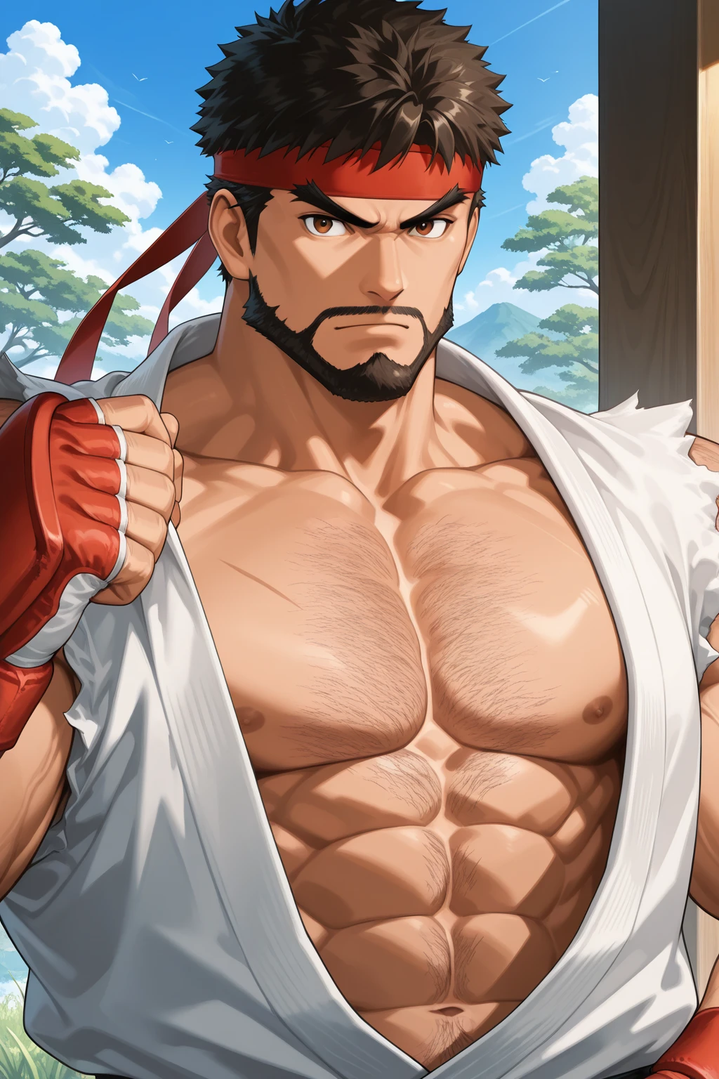 (masterpiece, highest quality:1.2), cowboy shot, front view, alone, male focus, 1 boy, Ryu \(SF\), Liar, middle aged, expression of agony, open your mouth,touch crotch, white skin, orgasm,Generalized convulsions, black hair, detailed face、expensive, Hank, muscular, broad shoulders, big physics, body scars, Wearing a big white uniform, New White Jiu Jitsu Shirt, open shirt,bottomless,fundoshi, red headband, fingerless gloves, At the dojo, very detailed,expression of embarrassment,blush,sweaty,Cum through clothes,Peeing through clothes,I can see your butt,show your butt,No women
