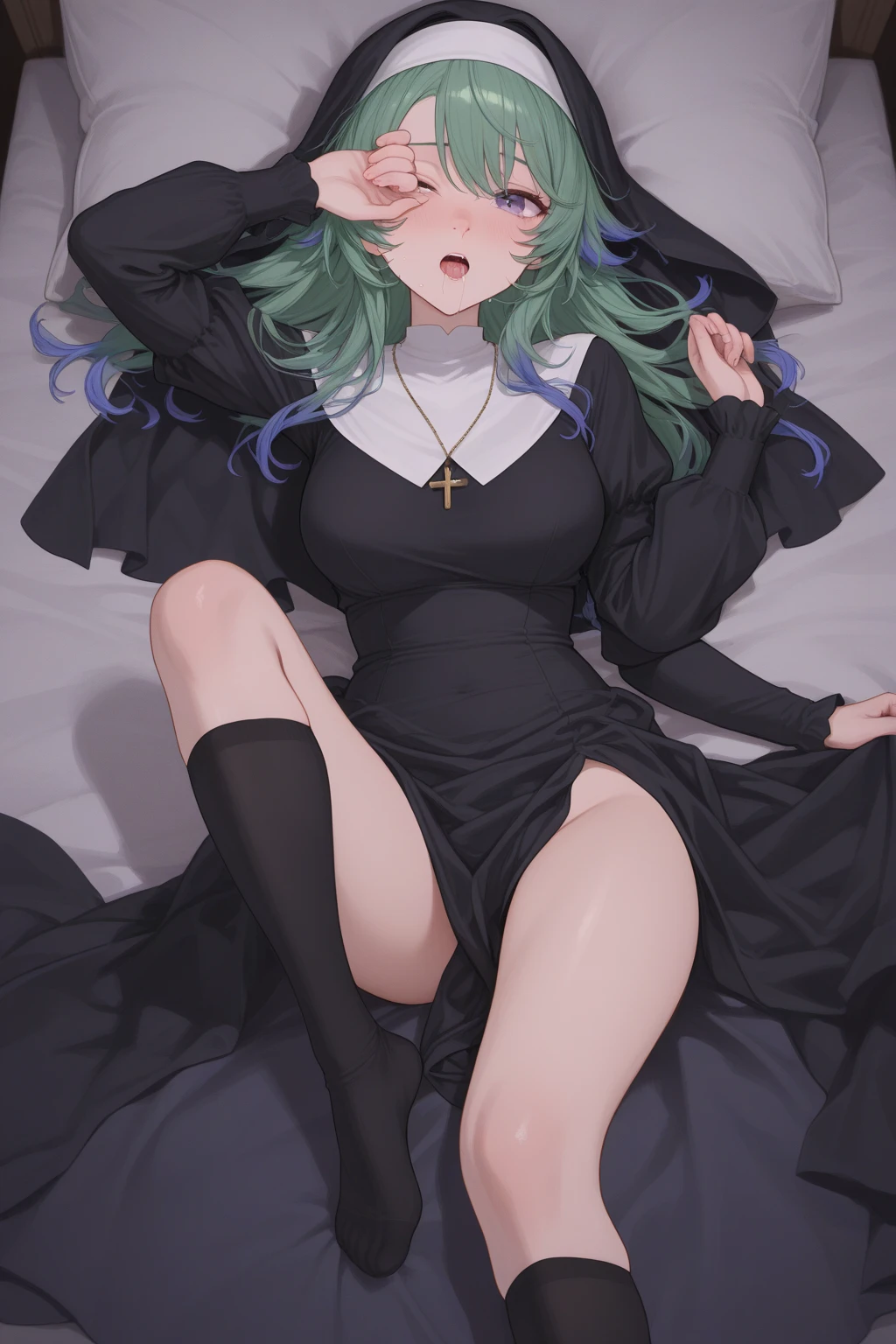 ((beautiful  Girl)),(((小柄))),(((Short stature))),(Small udder),(((Top image quality))),(((detail portrayal))),(((Rational portrayal))),(((Best Quality))),(((Green Twin Tail Hair))),(((a small face))),(((short bangs))),(((put out one's forehead))),(((Red Eyes))),(((Narrow-eyed))),(​masterpiece)), (((Zito-order))),((top-quality)),((Vivid light and shadow depiction)),(((cute little))),(((Beautiful body lines))), (Detailed body line depiction), ((detailed face depiction)),((ighly detailed)),  (8K), top-quality, (Beautiful fece),(((World-class quality))), ighly detailed, hight resolution,(((Anime filling))),(((de pele branca))),(((deadpan))),(((dark luxury hotel room)),(((Open your legs to show your crotch))),(((Black Dress))),(((Legs visible through the slit of the skirt))),(((Witch's Pointy Hat))),(((Black Cape))),(((Lower body naked))),(((Show panties))),(((lyin in bed)))