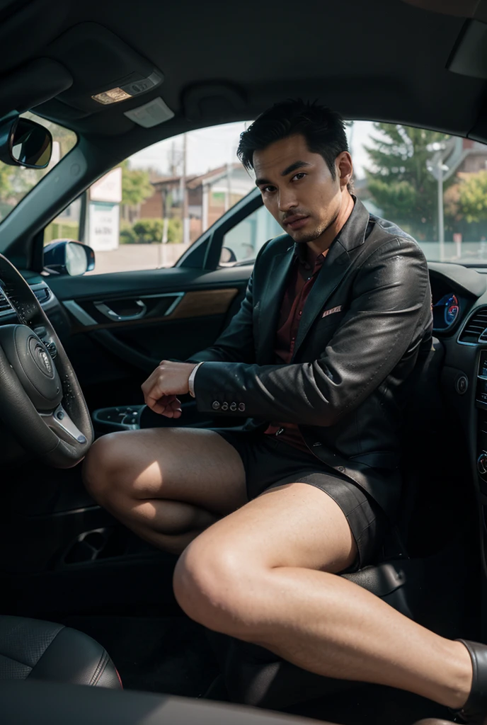40 years old,Hidetoshi Nakata,(Kogoro Mori 1.3),one person, black衬衫、Red tie、black修身裤、,Inside the car、mafia、Sit with your legs open、Holding a gun,logical,love ,Short hair perm、Handsome dad, Bulge in the crotch of pants,black,transparent,Thick body hair,underwear,Topless,Densely hairy,Fortitude,HD,With a mustache,Gold chain