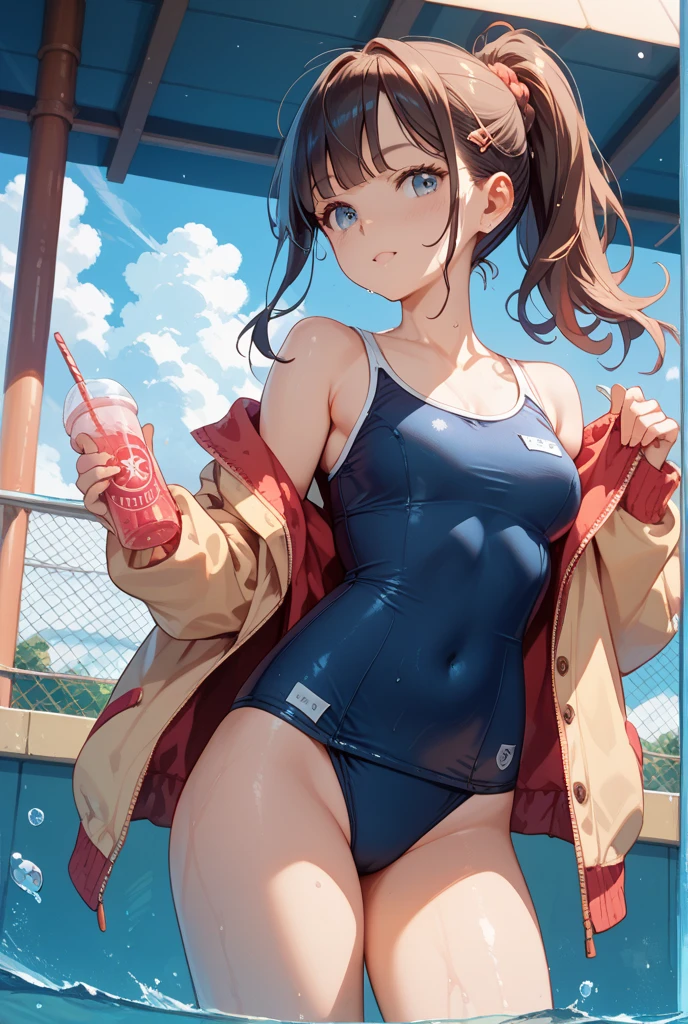 Older sister skiing in a risque swimsuit
