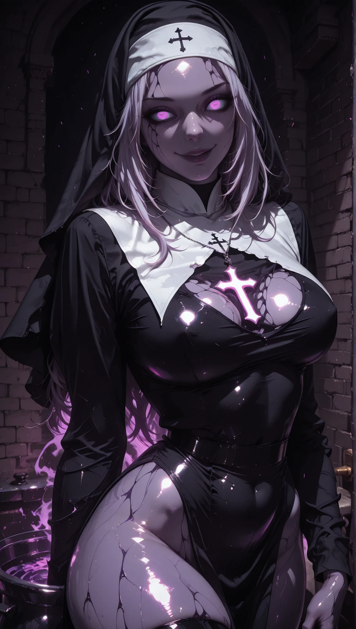 Young beautiful woman,(Highest quality,Extremely detailed image,incredibly absurdly high resolution,Anatomically accurate image,curved legs ),( radiant skin ,Shiny skin,waterproof skin),(nun,複雑な光沢のあるのnunの服),eyelash,(Intensely glowing purple eyes,crazy eyes,a neckline is visible in the chest,seductive smile,shiny lips,Seductive gestures ), pot,whole body,background:Bedroom at night