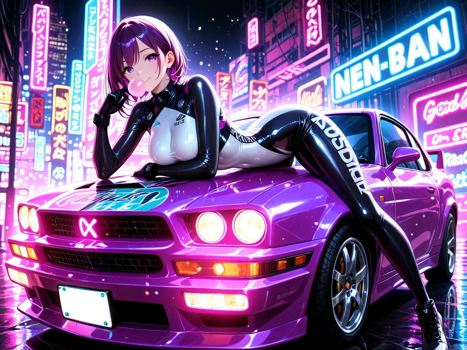 garota de anime, corpo inteiro, pernas, lolita, piloto, na frente de um carro, segurando um capacete, carro, Capa do álbum Anime Phonk Brain Sick, musica, ondas sonoras, com cores rosa e preto neon
