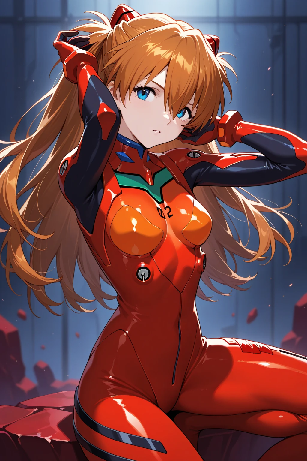 ((1girl)),((alone)),Asuka Langley,(masterpiece), (best quality), (ultra detailed), (best illustration), (best shadow), (absurdities), sharp focus, cowboy shot , dynamic posture looking at the viewer, small breasts, narrow waist, wide hips, wide thighs, round butt, erotic, romantic, (very detailed eyes, lips 1.1), very detailed eyes, eyes, Very detailed face, Very beautiful face, height full, beautiful slim figure, femininity, expressive appearance, elastic small breasts, sexuality, 2, orange hair, blue eyes, perfect proportions, (Asuka Langley, plug-in suit 02:1.2)), ((Blue eyes, beautiful face, eyes beautiful))), moist eyes, bright eyes, thin face, thin lips, narrow eyes, thin pale eyebrows, long eyelashes, long lower eyelashes, model taking a pose with hands on hips, sullen look, (Shine Red High -Gloss Suit: 1.1), Dark red bodysuit that shines like a mirror (dark red rubber suit with strong metallic shine and smooth surface), (Large connection terminals under the chest of precision circles: light metallic and silver: 1.3 )), Precision circular Metal shoulder and silver large connection terminals: 1.1, light metallic green part of the shoulder blade, beautiful female hands wearing tight-fitting red latex gloves (black tie latex with a strong metallic shine on the inside of the arm), two simple black wide latex from thighs to buttocks, (full body composition standing in model pose with realistic details: 1.1), accurate simulation of light-matter interactions, defined body, perfect and beautiful body, perfect and beautiful, closed mouth, smile, seductive smile, blushing, (sexy pose: 1.2), ((solo)), standing: 1.3, outdoor, cyberpunk cityscape, streets, city, lights neon,city lights,rain,night,looking forward,((focus on thighs)), point of view:(from middle), red blush, perfect anatomy, perfect hands
