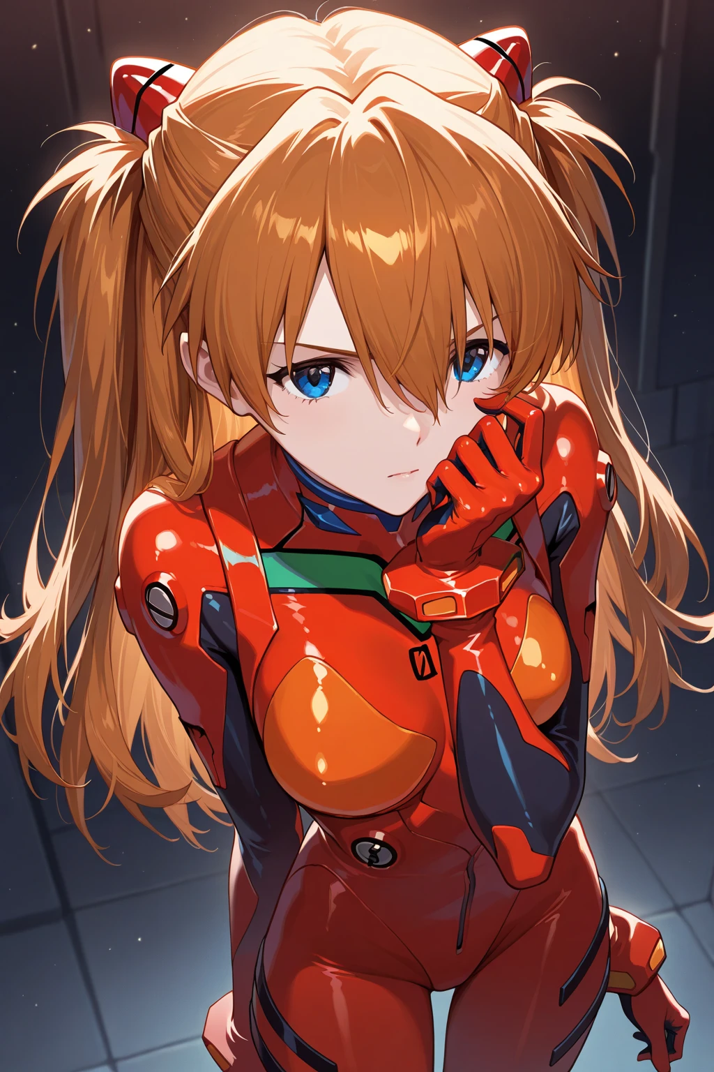 highest quality, expressive eyes, perfect face, 1 girl, alone,asuka langley, interface headset, red bodysuit, leaning forward, put your hands on your hips, Are standing, portrait, laboratory background, looking at the viewer