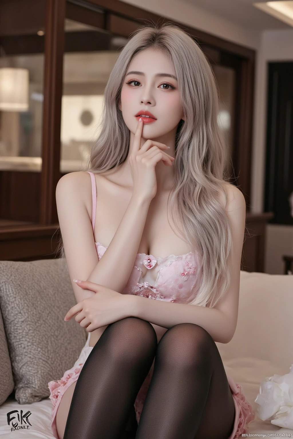 shokokomidef, Ultra realistic, 16k, high quality, incredibly detailed, dream aesthetic, dream atmosphere, cinematic, work of art, (sharp focus: 1.5), (photorealistic: 1.3), featured (Beautiful girl), Yuna (from Love Limit Exceeded), still proud and cruel, makeup (red lipstick, eyeliner), tall, realistic median (short) silky pale-hair, silver hair, intense eyes look, realistic shiny eyes, realistic skin texture, pale-white skin illuminated, realistic perfect shading, absurdres, realistic textures, solo, alone, 1girl, tall, looking at viewer, female muscular body, toned body, defined muscles, large realistic natural breasts, cleavage, pantyhose, black dress with golden details (realistic texture), standing, different positions at different angles, great royal bedroom (background unfocused), masterpiece, best quality, Photorealistic.