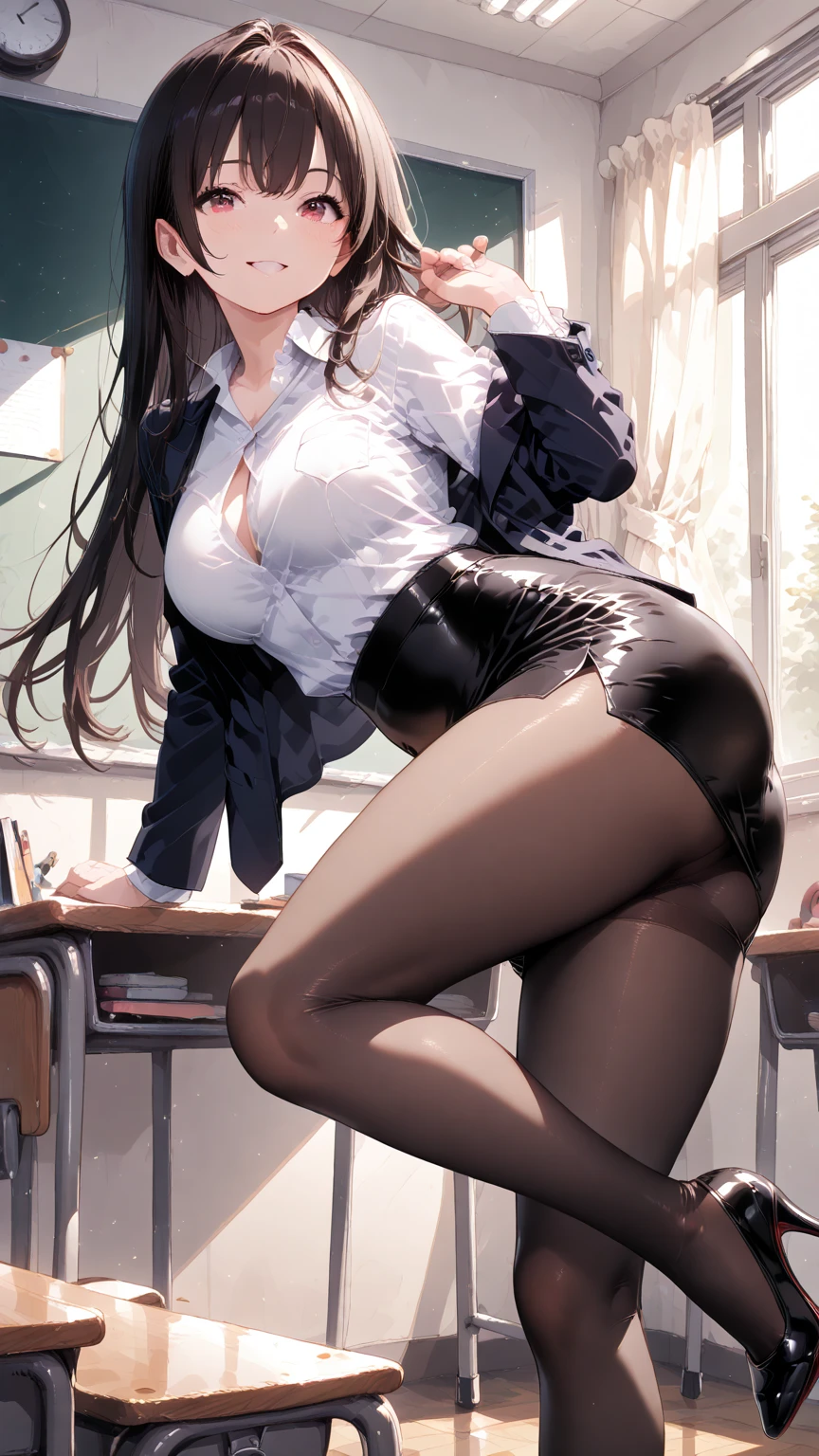 One Girl, Five Fingers, mini skirt, Looking down at the viewer, Black Hairロングヘアー, Highest quality, Focus on the thighs, Dynamic pose, smile, blazer, blouse, Black Pantyhose, panties under pantyhose, Standing Split, classroom, Black Hair, Stylish pose,My thighs and groin are steamy 