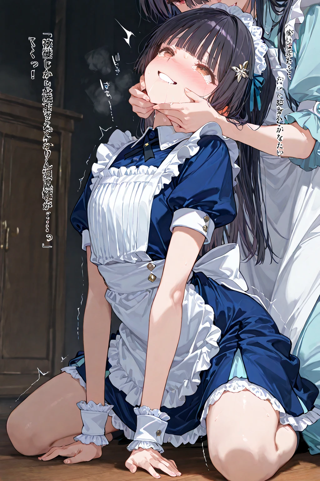 score_9, score_8_up,score_7_up, masterpiece, best quality, 1girl(japanese,tween),1boy,(from behind),(oral sex, implied fellatio, irrumatio:1.3), (top down bottom up:1.1) BREAK (Maid costume),(street of akihabara), rape, hardcore rape,head grab,spit, view from behind, (blowjob),hard sex,ass up head down,(cum dripping from pussy), cum splash,hip lift,ass,black hair,vagina,shiny skin,