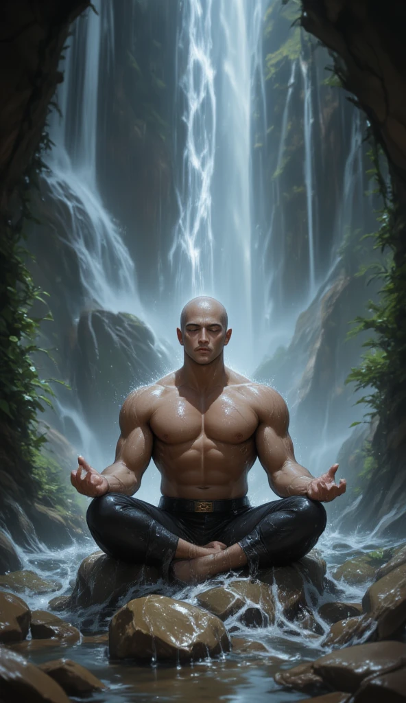  A high-quality image of a strong Buddhist monk sitting in profound meditation in the middle of a dense forest. The monk is muscular with a shaved head, wearing no top showing reallybig muscle. He is seated in the lotus position on a large, moss-covered rock. 