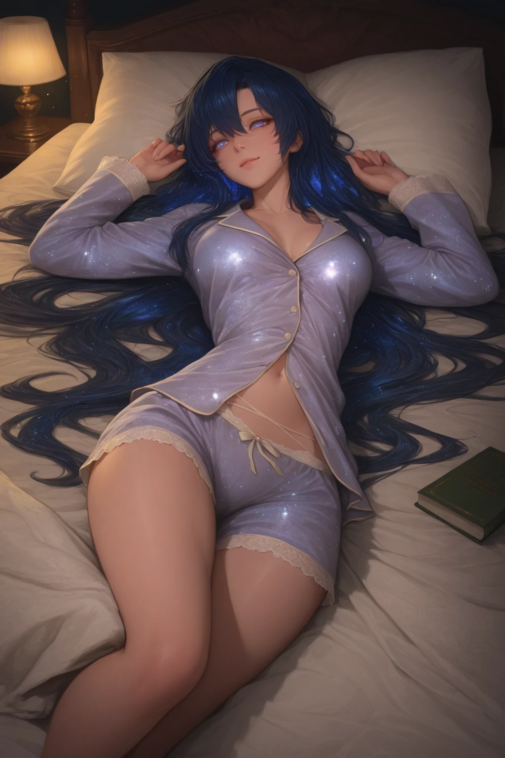 ((sleeping woman)), (in bed), ((perfect figure)), medium length blue hair, ((round breasts)), ((open shirt)), tattoo, ((short silk skirt)), (groin: 1.7), (groin: 1.5), collarbone, belly button, natural light, extremely detailed, 8yk, raw photo, high level of detail, (ray tracing), (masterpiece), (best quality), high resolution, (realistic: 1.4), physically based representation, ultra-realistic, body