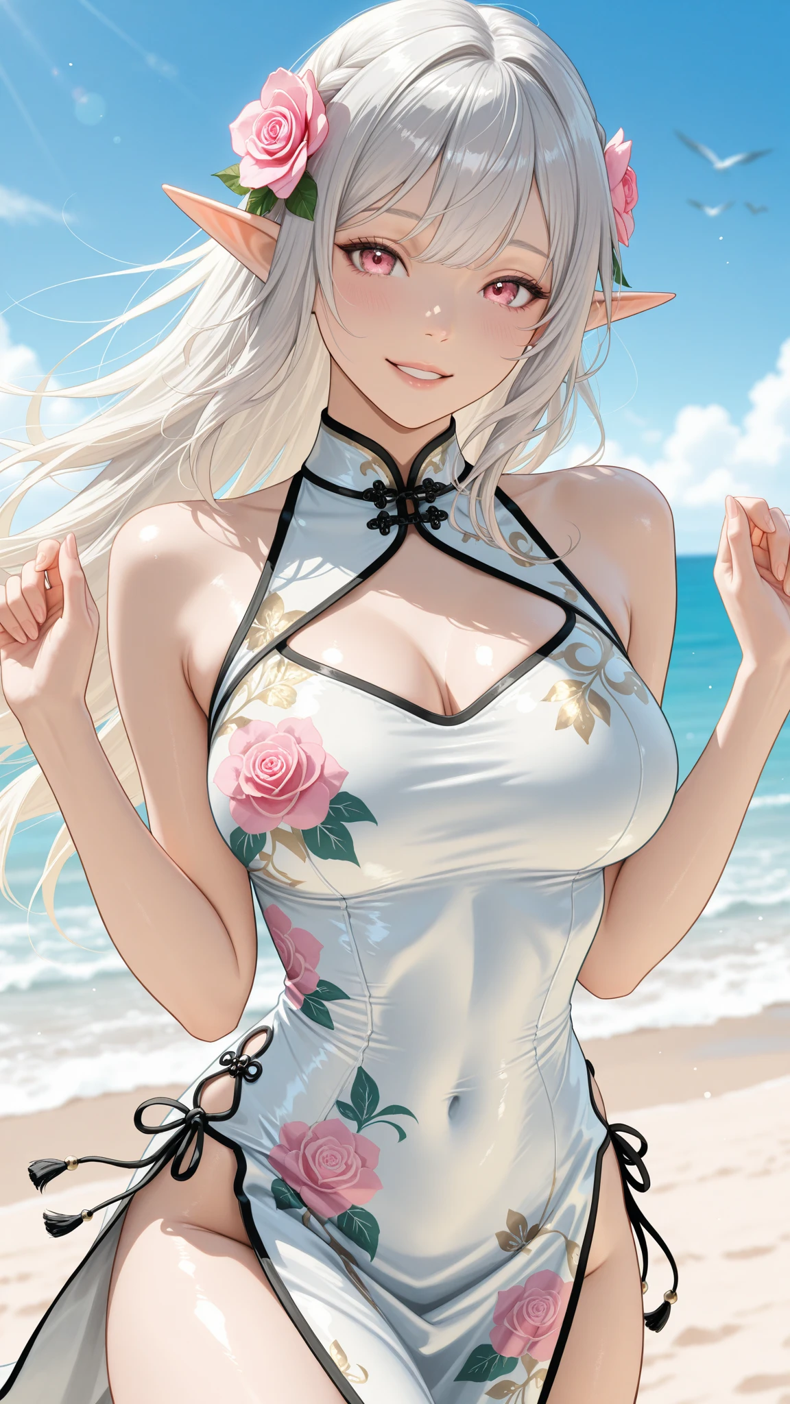 ultra-detailed, ((one girl)), (pale skin:1.4), hyper detailed, absurdres, 8K, fair skin, Beautiful Face, (Laugh shyly), ((teasing smile:1.8)), ((Wink:1.7)), (Laugh with your mouth wide open),((Tilt your head:1.6)), View your viewers, ((Bright red cheeks:1.6)),Glossy Red Lips, ((Big Breasts:1.5)), ((show off breast:1.4)), ((erect nipples)), night, Observation deck with ocean view, ((Anime style background)),masterpiece, Highest quality, so beautiful,Latest, Complex details, (Pink long nails), (nail art), (ring),(bracelet), (Floral Choker),AI-generated, Complex,High resolution, Highest quality, super high quality,3D Images、3D Images,One person,long white hair,(High Ponytail), (wavy hair:1.1), Anime woman posing for a photo, ((Fine grain、blue eyes、glowing eyes:1.4)), (Squint your eyes:1.1),a hyperRealistic , hyperRealistic , Realistic,Anime woman with long white, Smooth anime CG art, Girl in black kimono, Gold embroidery, ((black furisode)),(Large floral pattern) , ((undressing)), Long flower hair ornament,Floral Earrings,Mature Body, tall,Abdominal muscles,Narrow waist,((leaning forward:1.5)), (hands on knees), (front view),