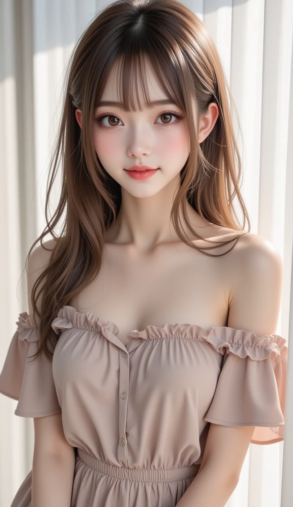 High detail, 8k resolution, a young girl cute girl, clear eyes, collarbone, exquisite and perfect facial features, the most beautiful big eyes, long eyelashes, sweet eyes with lying silkworms, smile, dynamic angle, ultimate picture quality, precise and perfect human body structure, (red plaid big red bow off-the-shoulder top), on the balcony.
