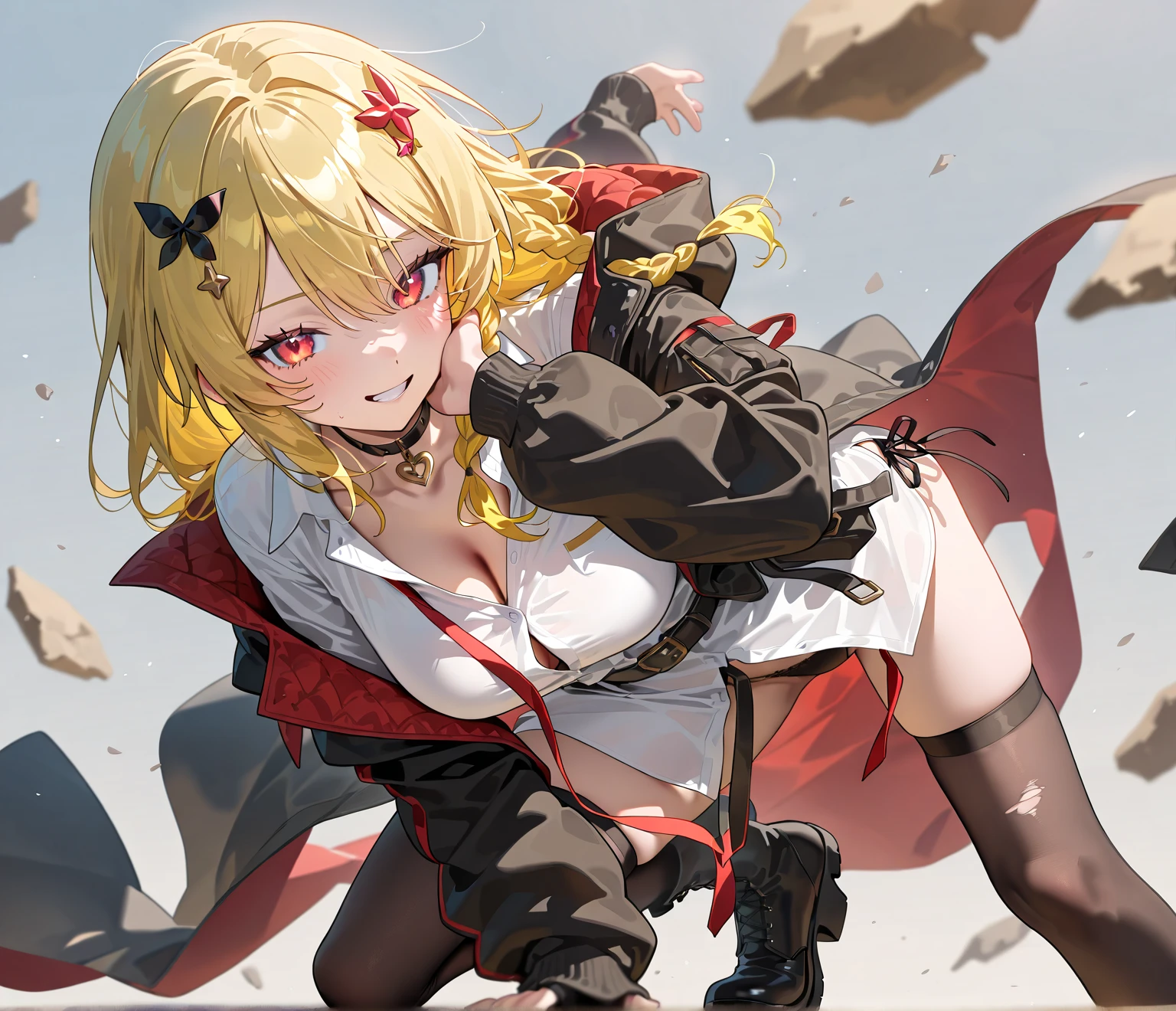 top-quality、Top image quality、masterpiece、girl with((cute little、18year old、Best Bust、Medium bust、Bust 85,Red eyes to issue、Breasts wide open,Valley、Blonde long hair、A slender、Black leather bra、Black leather jacket、White trousers、astonished face、Follow your audience)hiquality、Beautiful Art、Background with((nightcity、The ground glows red、Divided land、Chain from the ground)),masutepiece、Elaborate design、visualart、depth of fields、The best lighting、highestdetailed、