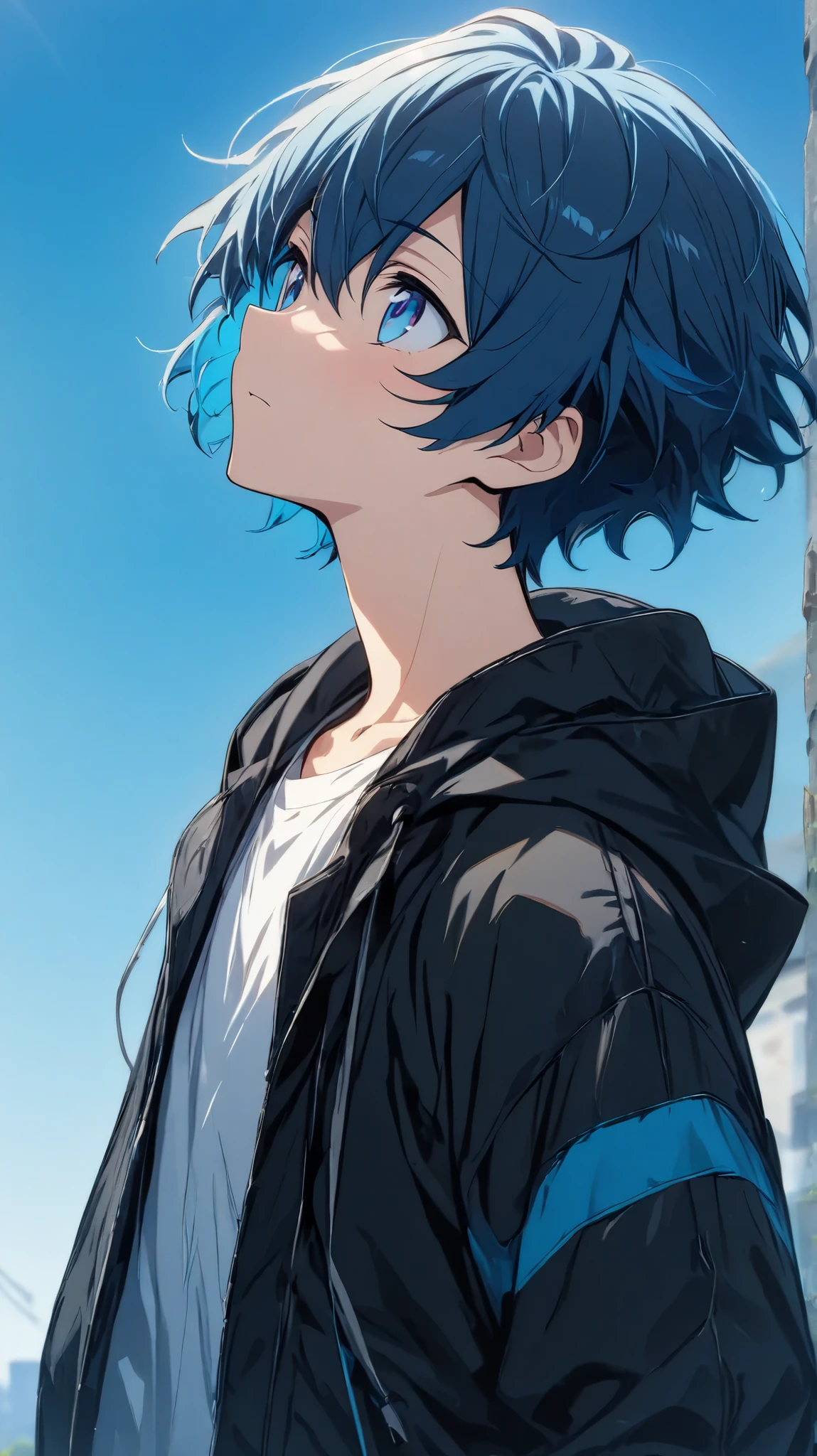 [(SKY BLUE BACKGROUND:1.5),::5], (((masterpiece))), high quality, ultra very high resolution, full color, ((solo)), ((younger boy)), ((men's short DeepBlue hair)), (deepblue eyes), anime, ((Upper body)), White shirt clothes, black parka, 