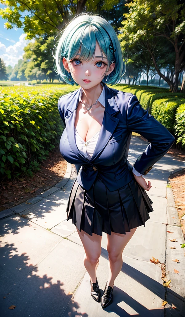 (ultra realistic,32k, masterpiece:1.2),(high detailed skin:1.1),( high quality:1.1),
<lora:Elisabeth:0.5>(closed eyes:1.1),elisabethms,blue eyes, blue hair, ahoge,shirt, short sleeves, ruffle skirt, thigh highs, blurry background,,,(looking at viewer, standing from below:1.1),, huge breast,large breast,<lora:add_detail:0.98>,
(iridescence:1.1),