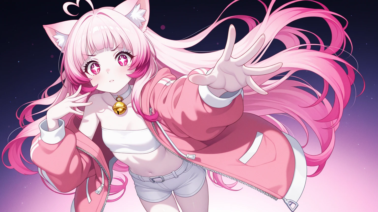 best quality,highly detailed,masterpiece,ultra-detailed,solo,1girl,(white background:1.5),(Delicate eyes),1girl, pom_pom_\(clothes\), hood, animal_ears, clock,black hoodie, open_mouth, long_hair, virtual_youtuber, hair_ornament, tail, smile, ahoge, hood_down, pink_hair, cat_tail, cat_ears, looking_at_viewer