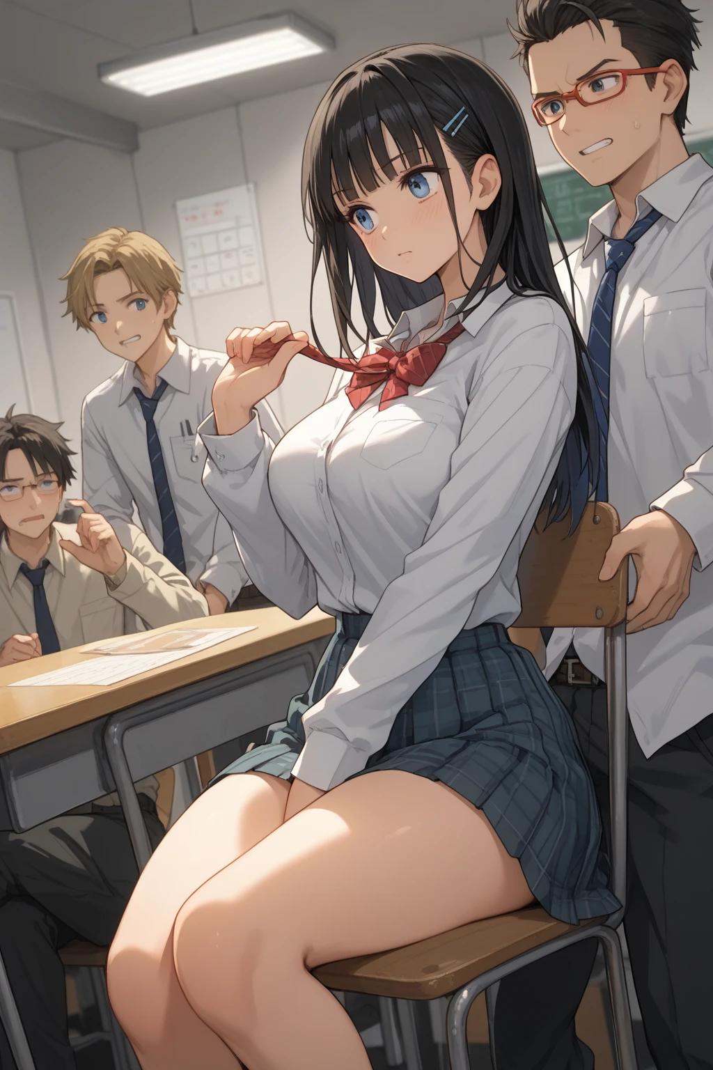 masutepiece, Best Quality, hight resolution, 1girl in,(a 18 year old girl), 6 men and women, (12 year old boy and girl), ‎Classroom, Spread legs, sit a chair、hi-school girl、校服、(shame, blush, Crying, tearful, AHE Face、Opening Mouth、put out the tongue), (Girl is being held by a man: 0.3),Grab from behind、Chest grabbing、Nipple pecked
