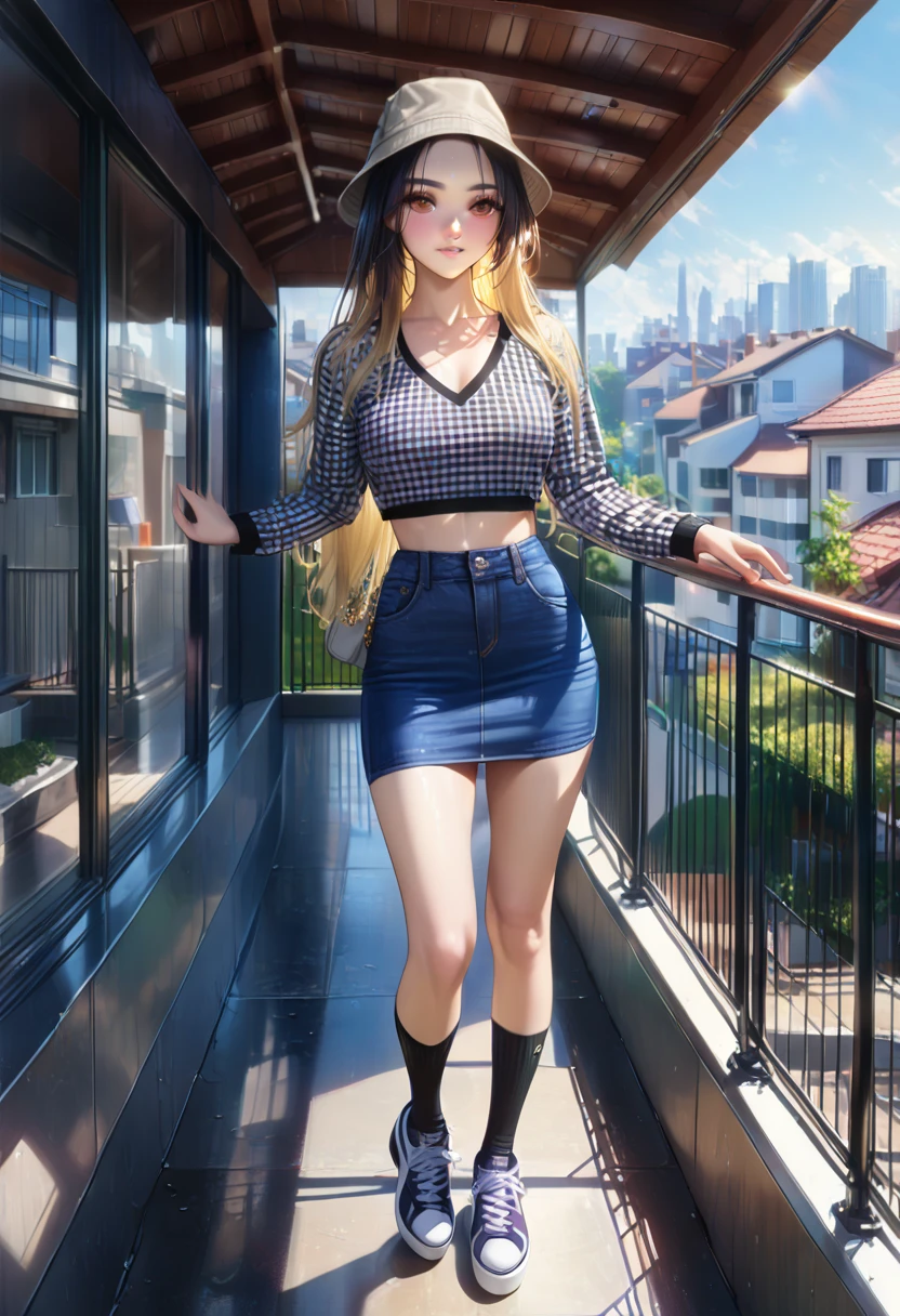 realistic anime illustration of pretty blonde long hair woman is waiting bus at shopping district, (+forehead), she wearing black short sleeve off-shoulder, blue denim pencil mini skirt, black sandals, (front view, looking at viewer), (masterpiece, best quality, japanese anime style), (expressive eyes, perfect face)