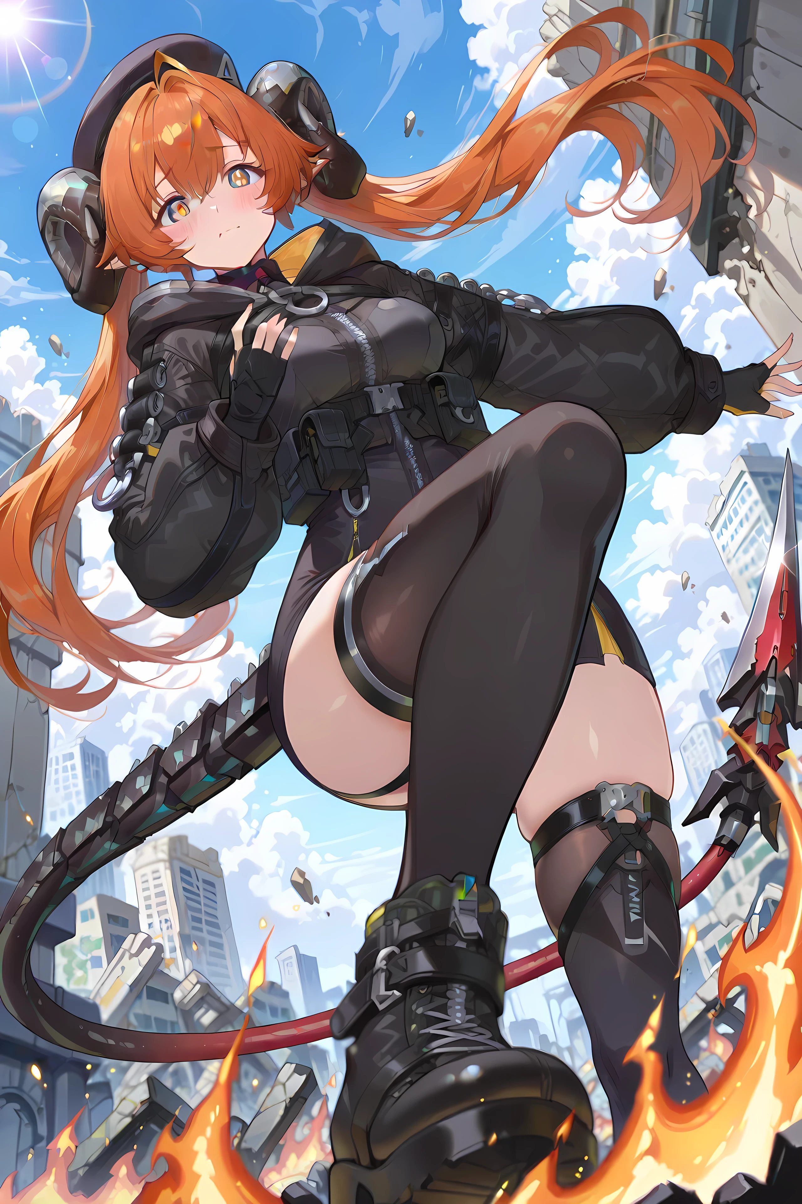 score_9, Score_8_up, Score_7_up, Score_6_up, Score_5_up, Score_4_up, Source_authentic, masterpiece, best quality, amazing quality, very aesthetic, high resolution, ultra-detailed, absurdres, newest, scenery,(depth of field:1.5),
(super fine illustration,professional quality,ultra high res), beautiful detailed eyes,
(high brightness),
break
orpheus,
yellow eyes, multicolored eyes, ahoge, hair intakes, pointy ears, bangs, orange hair, twintails, horns, long hair, hair between eyes,
gloves, black jacket, long sleeves, black headwear, beret, zipper, thighhighs, fingerless gloves, black footwear, black gloves, skindentation, mechanical tail,
((extremely detailed background)), Lots of elements in background,((super-detailed background)), Flames, ruins, ((8K wallpaper)),
1girl,
face is embarrassed look, Glossy eyes, Animated, Seductive, Erotic, Glossy skin Thighs, Sexy, ideal ratio body proportions,
(Cute Illustration: 1.3), (High Saturation: 1.3), Cute face and eyes, Dynamic lighting,
Powerful scenes, battles scenes, attack, looking at viewer, (dynamic angle: 1.2),