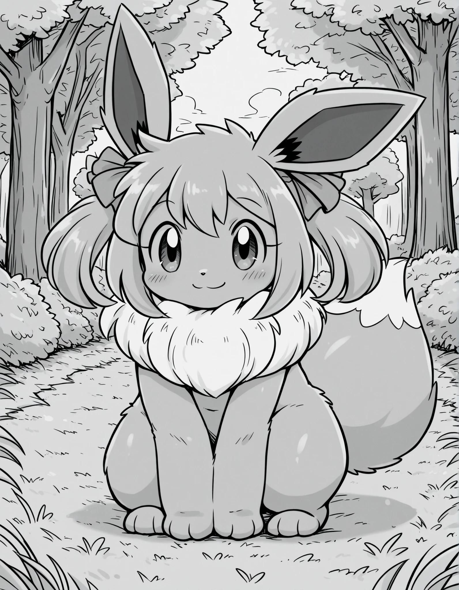 greyscale, monochrome,, pokekid, eevee, fluffy girl, furry girl, female, smile, smiling, has a big pretty bow in her hair, has animal paws for hands, 1girl, best quality, outdoors, high definition, cute,