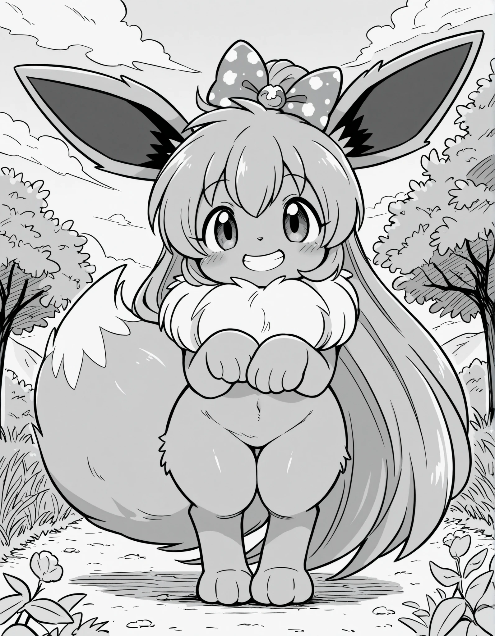 greyscale, monochrome,, pokekid, eevee, fluffy girl, furry girl, female, smile, smiling, has a big pretty bow in her hair, has animal paws for hands, 1girl, best quality, outdoors, high definition, cute,